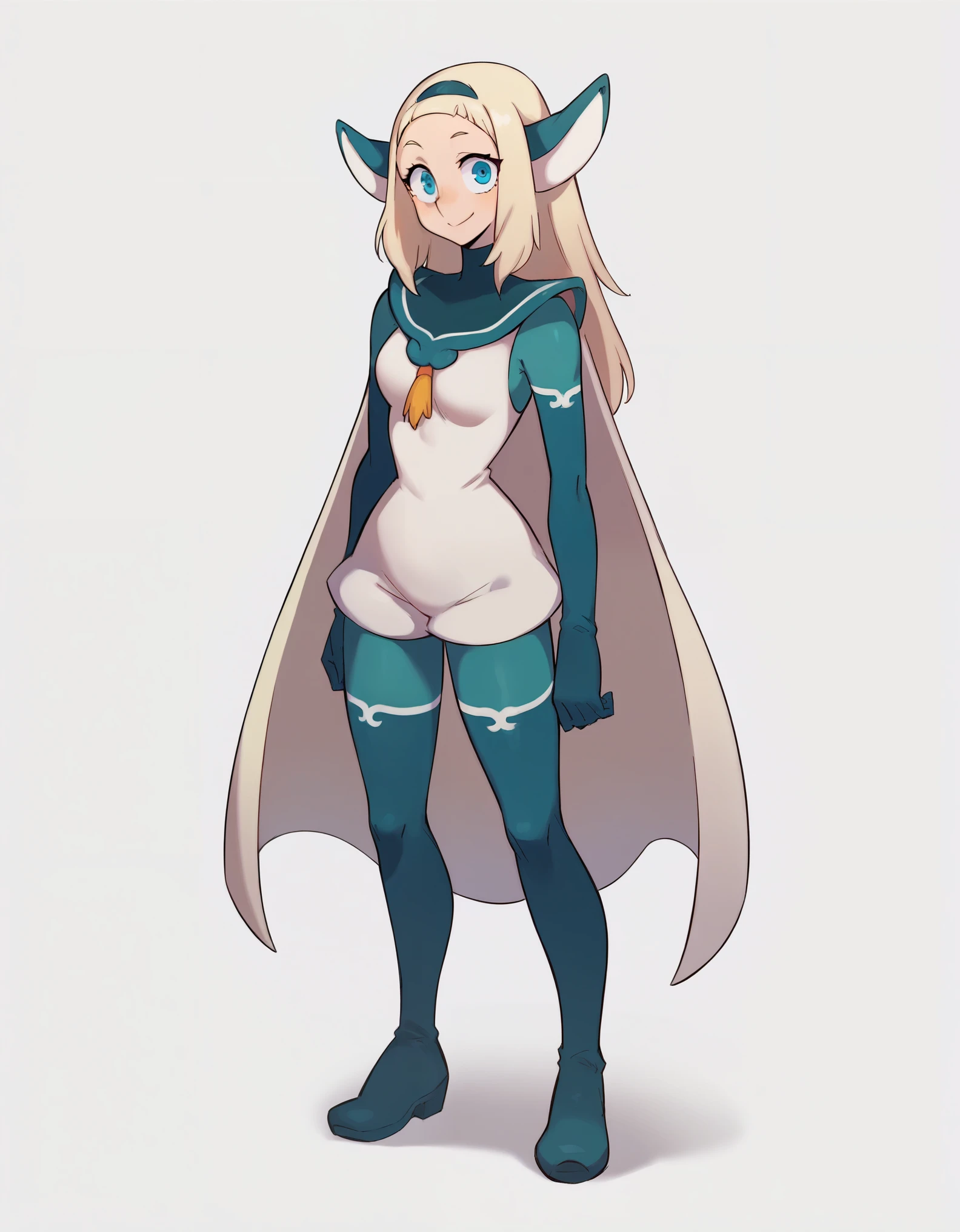 score_9, score_8_up, score_7_up, score_6_up, BREAK, source_cartoon, source_anime, 1girl, bakarajurgen, blonde hair, long hair, blue eyes, hairband, animal ears, gloves, hairband, cape, full body, standing, smile, looking at viewer, solo, simple background, white background