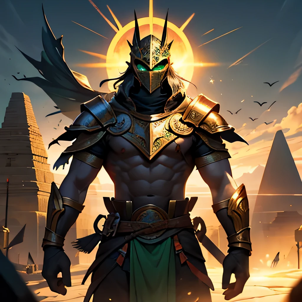 A warrior wearing a mask with only glowing green eyes, standing on top of a pyramid, ao fundo o sol brilhando em suas costas, 4k, ultra realista