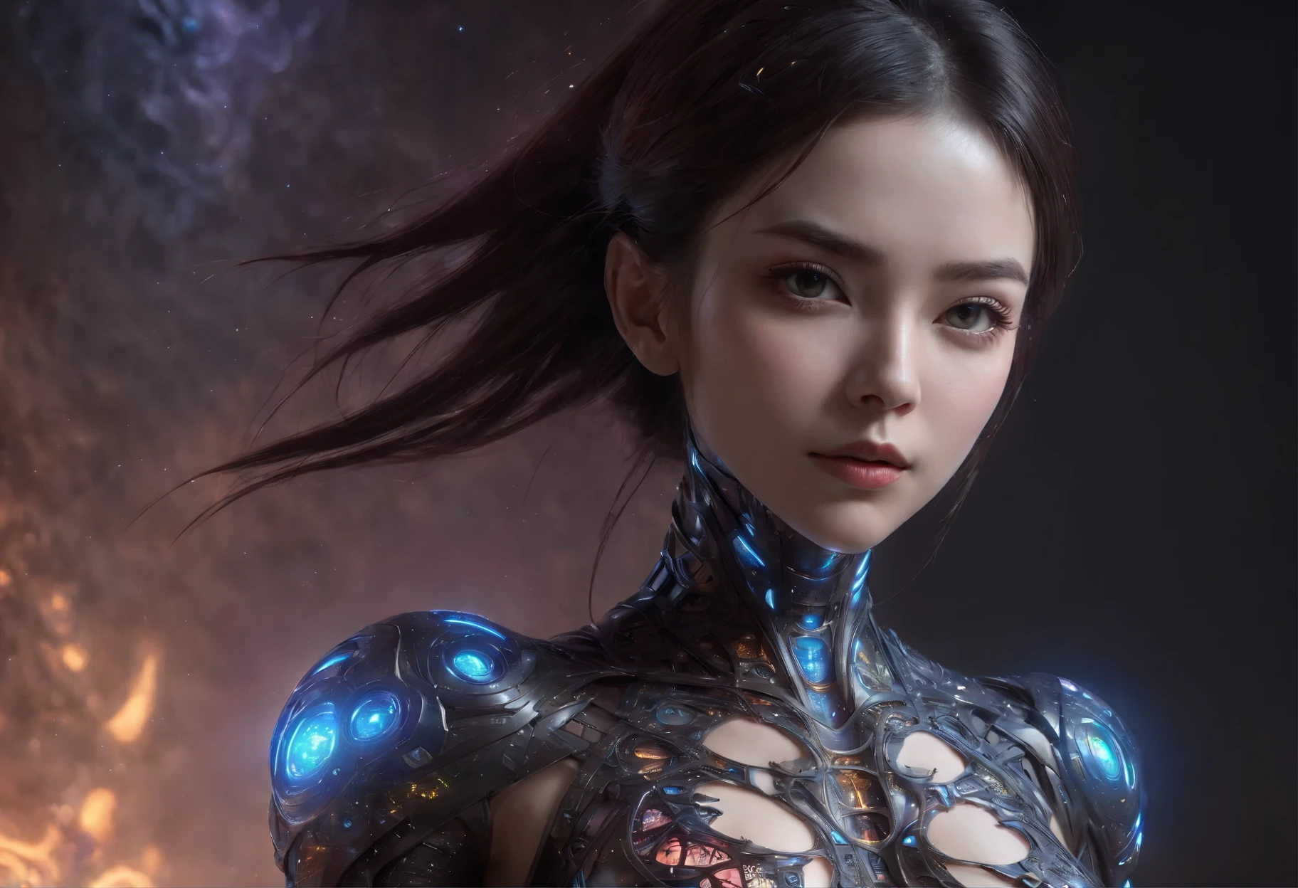 (highest quality,4k,High resolution,masterpiece:1.2),super detailed,(realistic,photorealistic:1.37),alien female predator, unparalleled exquisite beauty, Her intense gaze stares at her prey with the concentration of a hunter., Her long black nails are ready to pounce.. her thin, His muscular body was something to behold., Corner of her highly detailed figure々oozes energy and raw power from. Her sparkling pearly white eyes, the most beautiful face in the universe, surrounded by thick eyebrows, Sparkling with otherworldly charm. Her jet-black hair, symmetrically arranged, Shining under the rich, colorful lights that illuminated her surroundings.. her eyes, very detailed and vibrant, I held something enchanting, Seductive and intimidating gaze, muscular and toned body. (beautiful nipples:1.5),(beautiful abs:1.5), (she's on a battlefield on another planet:1.5), (NSFW:1.4), (Wearing a complex nano-armor suit with a fractal design:1.4), (cinematic lighting, Depth of the bounds written:1.5), (made using ancient techniques、A nano suit with a fractal design that expresses the stomach and chest.:1.8).