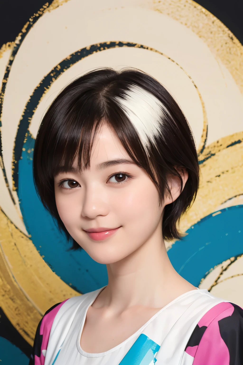 178 Short hair, 20 year old woman, gentle smile, (abstract background:1.46)