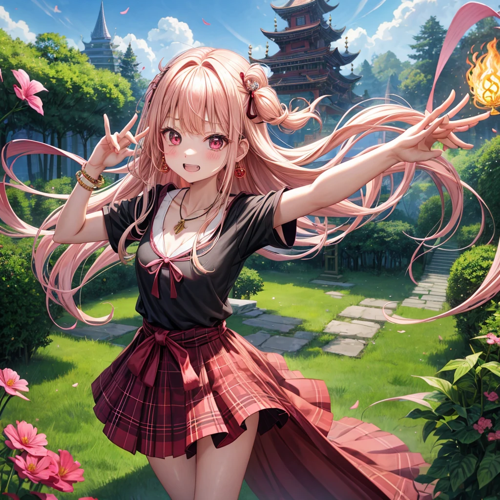 pink blonde、red eyes、one good looking girl、solo、anime、plaid mini skirt、black camisole、black t-shirt、dress、wearing a ribbon、ribbon at waist、cloak、hood、stone slabs are piled up、crystal earrings、monster castle、jewelry necklace、Light and shadow、walking、clock、universe、vine plant、petal、tilting one&#39;s face、teeth are visible、spiral stage、fire spirit、book of magic、Cube、bamboo forest