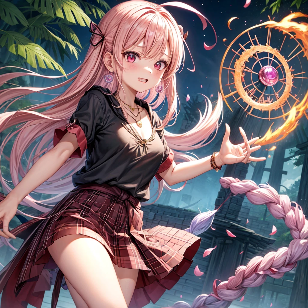 pink blonde、red eyes、one good looking girl、solo、anime、plaid mini skirt、black camisole、black t-shirt、dress、wearing a ribbon、ribbon at waist、cloak、hood、stone slabs are piled up、crystal earrings、monster castle、jewelry necklace、Light and shadow、walking、clock、universe、vine plant、petal、tilting one's face、teeth are visible、spiral stage、fire spirit、book of magic、Cube、bamboo forest