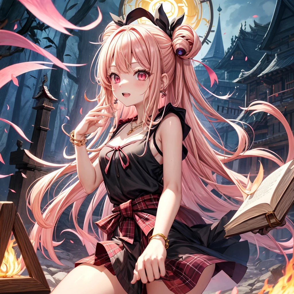 pink black blonde、red eyes、one good looking girl、solo、anime、plaid mini skirt、black camisole、black t-shirt、kimono、wearing a ribbon、ribbon at waist、stone slabs are piled up、crystal earrings、jewelry necklace、Light and shadow、walking、clock、universe、vine plant、petal、tilting one's face、teeth are visible、fire spirit、book of magic、Cube、bamboo forest、lava、Plum blossom、squatting down