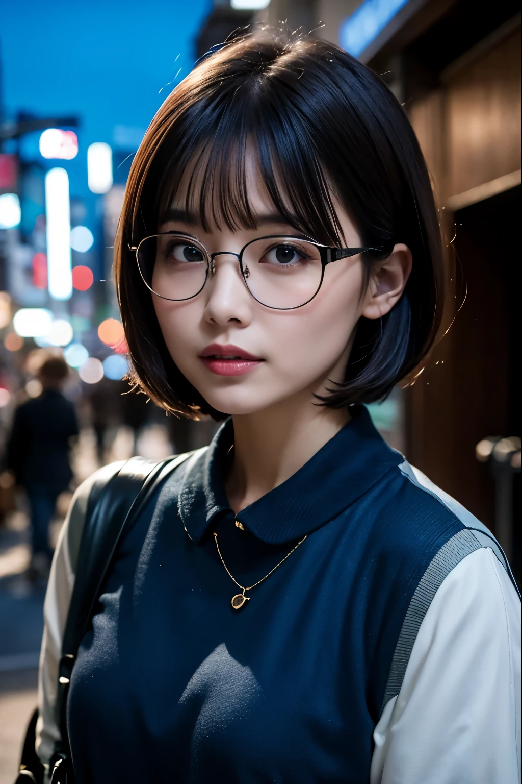 glasses:1.3, blue sky:1.2, Tokyo:1.2, medium bob