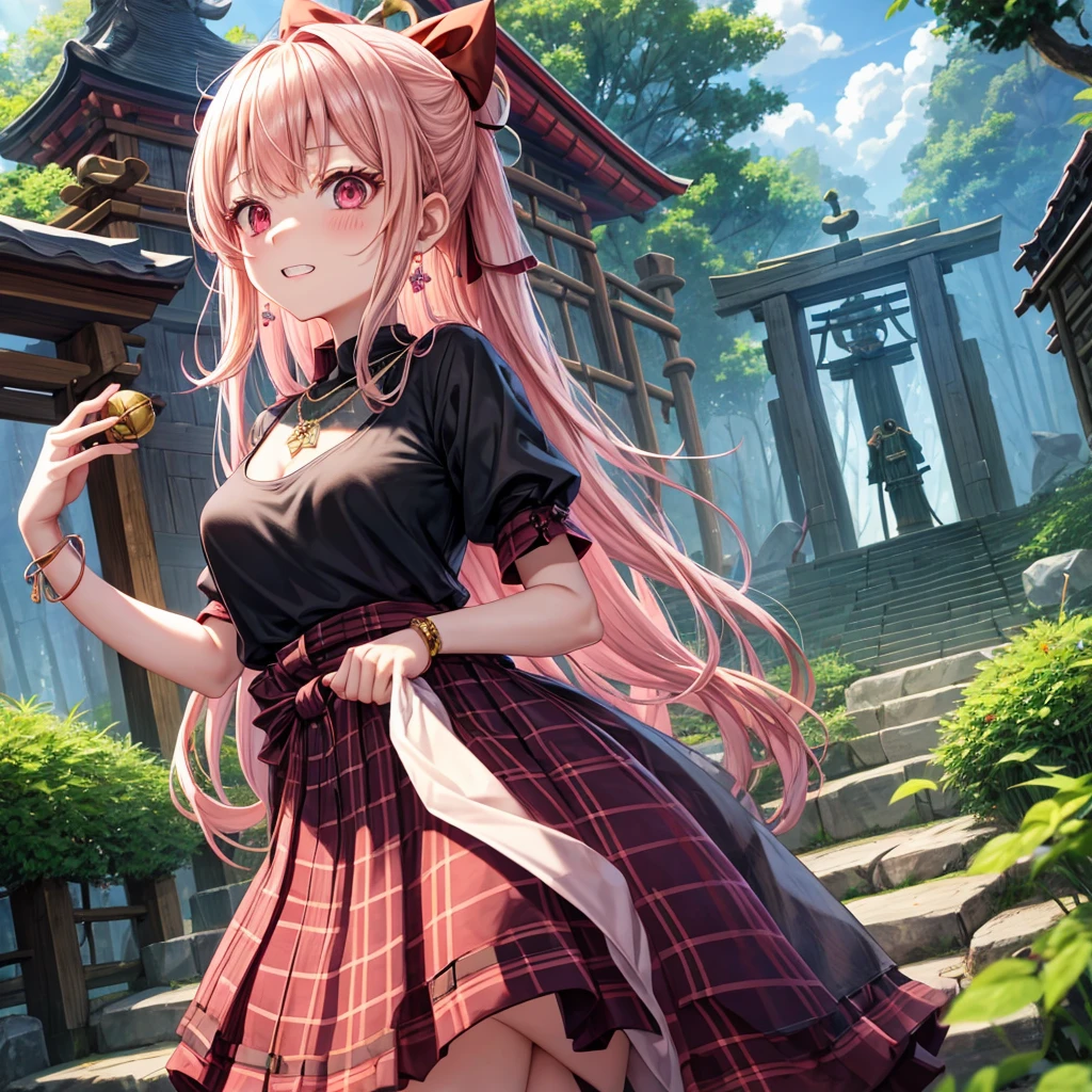 pink blonde、red eyes、one good looking girl、solo、anime、plaid mini skirt、black camisole、black t-shirt、dress、wearing a ribbon、ribbon at waist、cloak、hood、stone slabs are piled up、crystal earrings、monster castle、jewelry necklace、Light and shadow、walking、clock、universe、vine plant、petal、tilting one's face、teeth are visible、spiral stage、fire spirit、book of magic、Cube、bamboo forest
