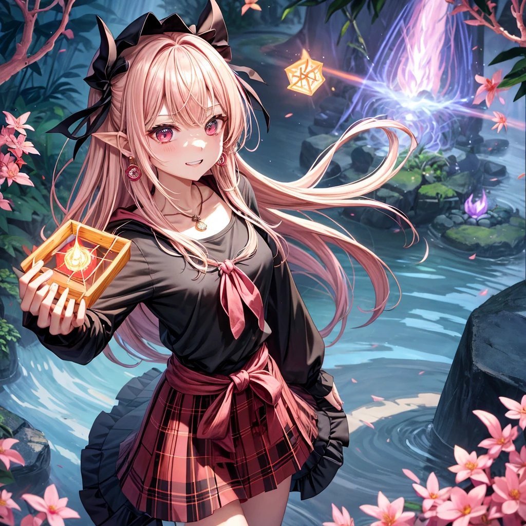 pink blonde、red eyes、one good looking girl、solo、anime、plaid mini skirt、black camisole、black t-shirt、dress、wearing a ribbon、ribbon at waist、cloak、hood、stone slabs are piled up、crystal earrings、monster castle、jewelry necklace、Light and shadow、walking、clock、universe、vine plant、petal、tilting one&#39;s face、teeth are visible、spiral stage、fire spirit、book of magic、Cube、bamboo forest