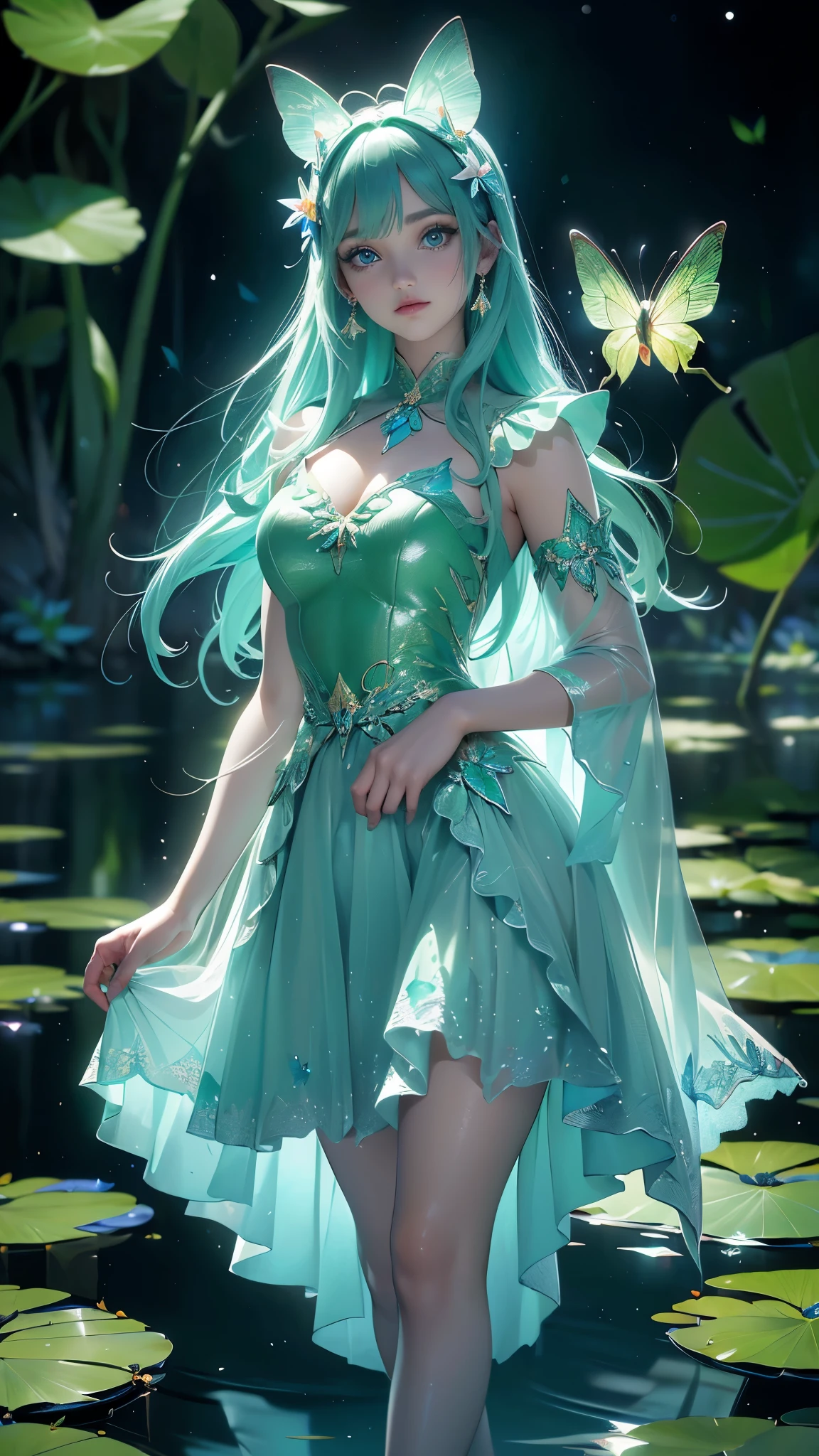 (La mejor calidad,A high resolution,Ultra - detallado,actual),Ariana Grande, (vestido verde:1.4 ), (loto pond), (Water lily leaf), (loto: 1.3), (mariposa: 1.4), (abanico de papel), (hojas flotantes:1.4 ), (viento), (Durmiendo), (agua transparente: 1.1), (luz de la luna: 1.3, combinando perfectamente con el paisaje circundante. en una hermosa noche, la luz de la luna brilla sobre la superficie del agua, creando un ambiente tranquilo. desde arriba, Spectators can see the water lilies and lotus flowers around them., y hay una luz misteriosa bajo el agua que ilumina a los elegantes peces nadando a su alrededor.. Muchas mariposas azules, More detailed 8K.motor irreal:1.4,UHD,La mejor calidad:1.4, fotorrealista:1.4, textura de la piel:1.4, obra maestra:1.8,obra-prima, mejor calidad,objeto Objeto], (detailed face features:1.3),(Las proporciones correctas),(Ojos hermosos azules:1.4 ),  (pose vaquero)