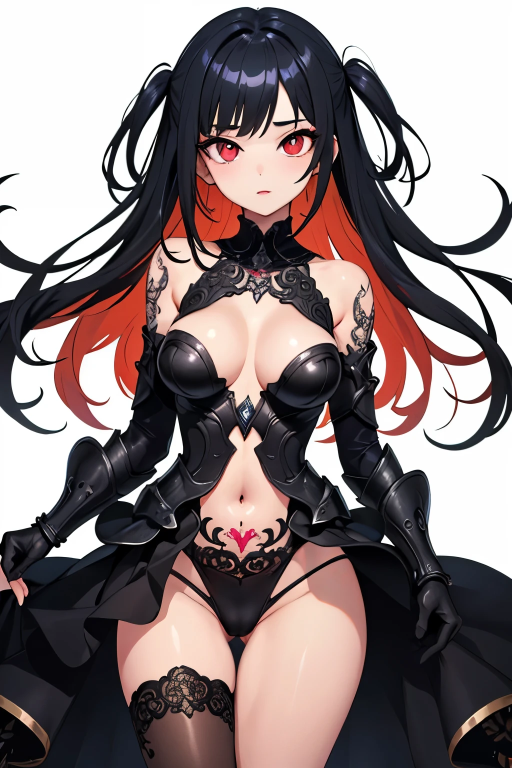 1girl, anime, cute girl, blank background, white background, fantasy, detailed fantasy dress with highlights, beautiful face, beautiful eyes, dark colors, black hair with multicolor streaks, red eye with different color pupil in eye, medium small breasts (slightly big), slight cleavage, beautiful skin, cute, breast curtains, extremely delicate and beautiful, (beautiful detailed face:1.0), (detailed deep eyes), symmetrical breasts, deep eyes, shiny skin, portrait, slender waist, hips wider than shoulders, thighs, expressionless, young girl, luminous eyes, adorable,(Kpop idol),(aegyo sal:1),(Platinum blonde hair:1),((puffy eye)),Black panty,sexy posture,Superskirt, ultra high resolution,Black collar,slim figure, Abdominal y tattoo, womb tattoo,Tight-fitting leg ring,y tattoo on half-body,Bare skin, Armored hand,Hidden fingertips,Hand covered,Arm covered,Fist covered,{{beautiful detailed fingers}}, tufts of hair, moderate beautiful breast:1.0,(masterpiece:1.2), best quality, high-res, HDR, perfect face, intricate armor, delicate blue filigree, intricate filigree, red metalic parts, detailed part, dynamic pose, dynamic lights,