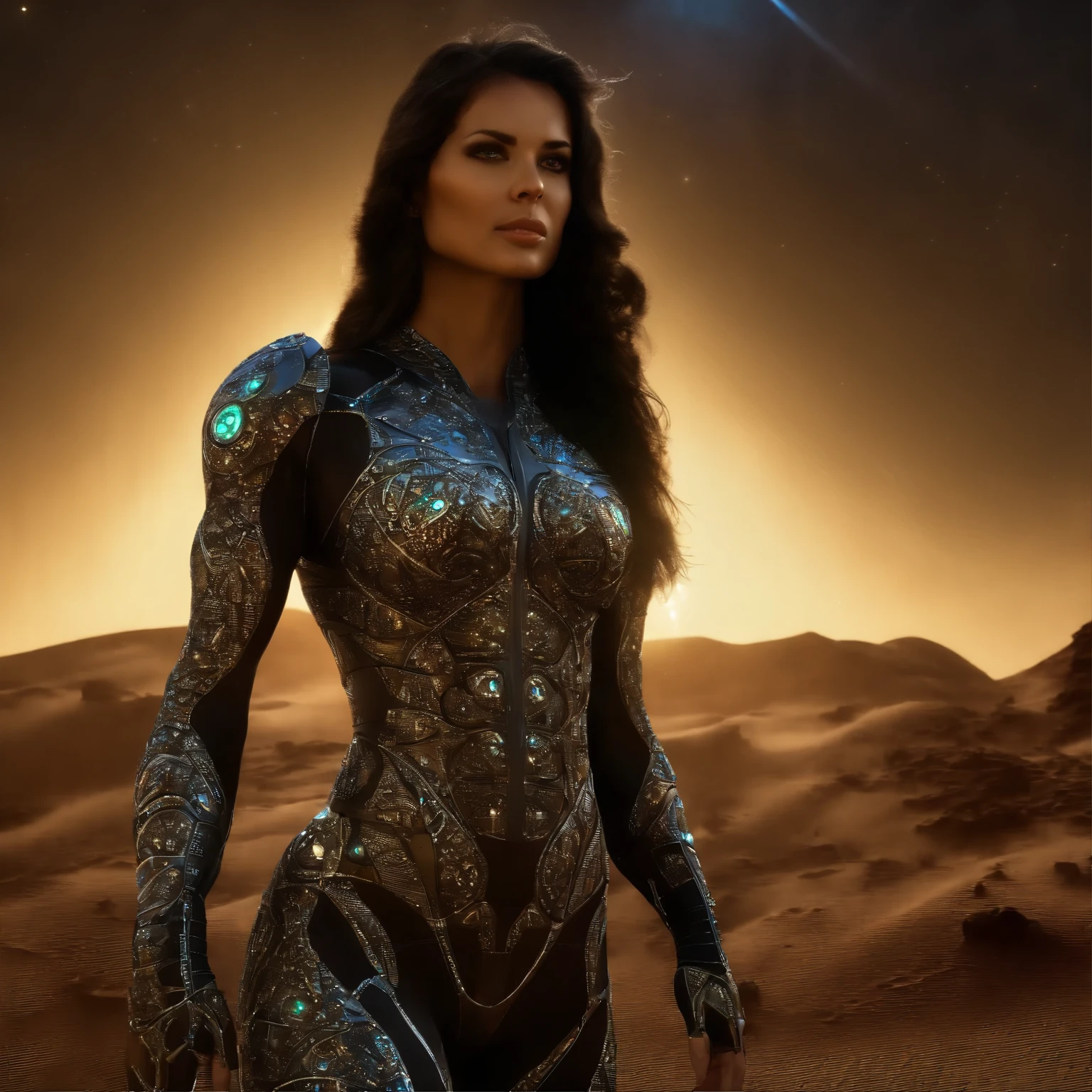 (highest quality,4k,High resolution,masterpiece:1.2),super detailed,(realistic,photorealistic:1.37),alien female predator, unparalleled exquisite beauty, Her intense gaze stares at her prey with the concentration of a hunter., Her long black nails are ready to pounce.. her thin, His muscular body was something to behold., Corner of her highly detailed figure々oozes energy and raw power from. Her sparkling pearly white eyes, the most beautiful face in the universe, surrounded by thick eyebrows, Sparkling with otherworldly charm. Her jet-black hair, symmetrically arranged, Shining under the rich, colorful lights that illuminated her surroundings.. her eyes, very detailed and vibrant, I held something enchanting, Seductive and intimidating gaze, muscular and toned body. (beautiful nipples:1.5),(beautiful abs:1.5), (she&#39;s on a battlefield on another planet:1.5), (NSFW:1.4), (Wearing a complex nano-armor suit with a fractal design:1.4), (cinematic lighting, Depth of the bounds written:1.5), (made using ancient techniques、A nano suit with a fractal design that expresses the stomach and chest.:1.8).