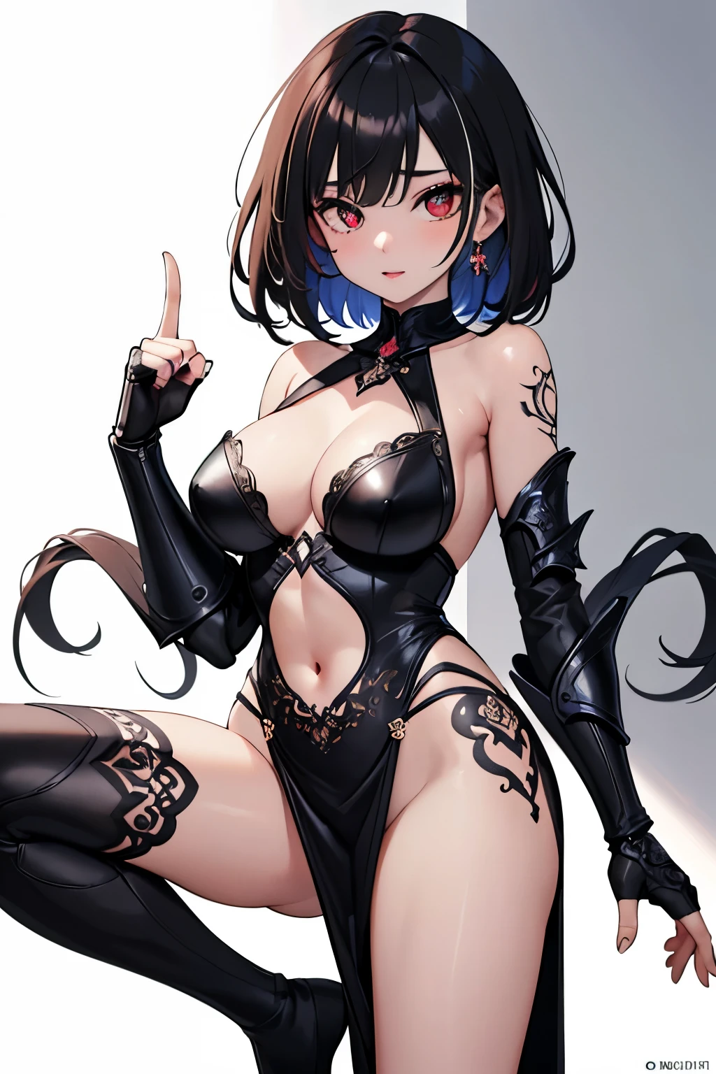 1girl, anime, cute girl, blank background, white background, fantasy, detailed fantasy dress with highlights, beautiful face, beautiful eyes, dark colors, black hair with multicolor streaks, red eye with different color pupil in eye, medium small breasts (slightly big), slight cleavage, beautiful skin, cute, breast curtains, extremely delicate and beautiful, (beautiful detailed face:1.0), (detailed deep eyes), symmetrical breasts, deep eyes, shiny skin, portrait, slender waist, hips wider than shoulders, thighs, expressionless, young girl, luminous eyes, adorable，（Kpop idol）,（aegyo sal：1），（Platinum blonde hair：1），（（puffy eye）），Black panty，sexy posture，Superskirt, ultra high resolution，Black collar，slim figure, Abdominal y tattoo, womb tattoo，Tight-fitting leg ring，y tattoo on half-body，Bare skin, Armored hand，Hidden fingertips，Hand covered，Arm covered，Fist covered,{{beautiful detailed fingers}}, tufts of hair, moderate beautiful breast:1.0,(masterpiece:1.2), best quality, high-res, HDR, perfect face, intricate armor, delicate blue filigree, intricate filigree, red metalic parts, detailed part, dynamic pose, dynamic lights,