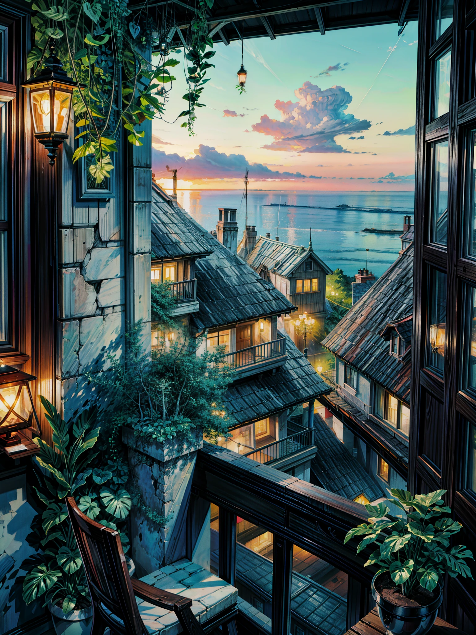 A painting of a balcony with a view of the ocean, by Evgeny Lushpin, by Terry Redlin, beautiful terrace, by Pamela Ascherson, ( ( thomas kinkade ) ), by Guido Borelli da Caluso, inspired by Evgeny Lushpin, kinkade. award winning, john stephens, by Ruth Sanderson, by thomas kinkade, beautiful calm lofi vibe, monstera plant, hanging lights  , 4k hd, cloud,big window,open balcony,beautiful art uhd 4 k, a beautiful artwork illustration, beautiful digital painting, highly detailed digital painting, beautiful digital artwork, detailed painting 4 k, very detailed digital painting, rich picturesque colors, gorgeous digital painting