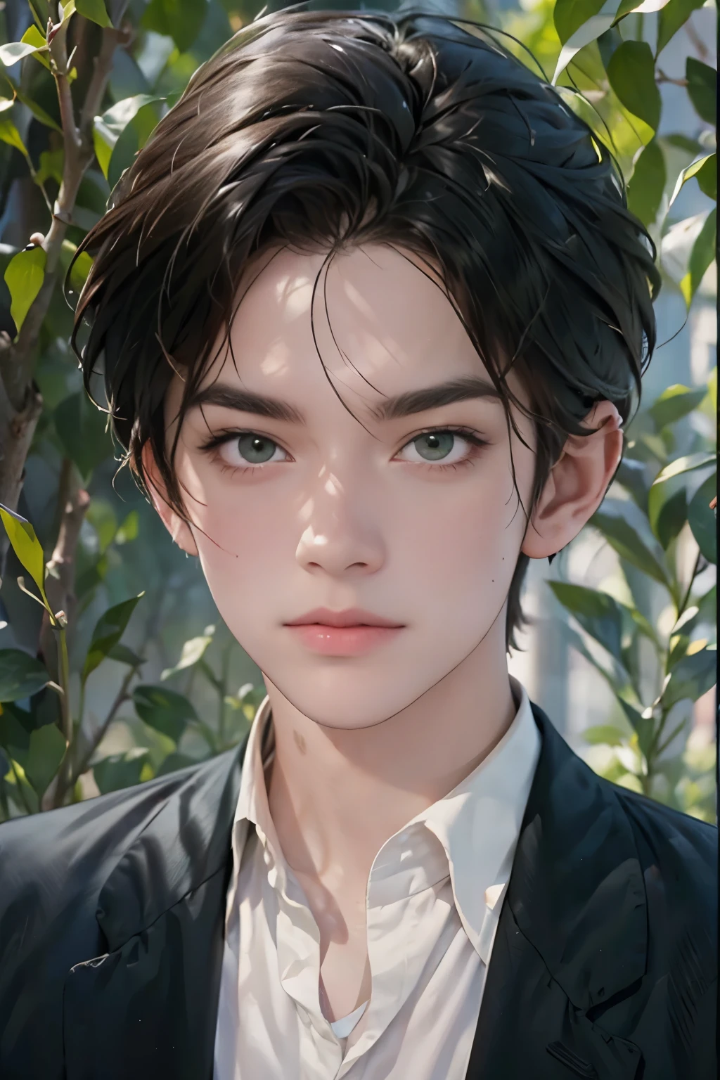 Masterpiece: 1.3, Best quality: 1.2, 8K, Absurd, extremely detailed: 1.3, highest resolution, 1 boy: 1.2, portrait,
, shirt, dirty black hair, green eyes (very detailed, pale glowing skin