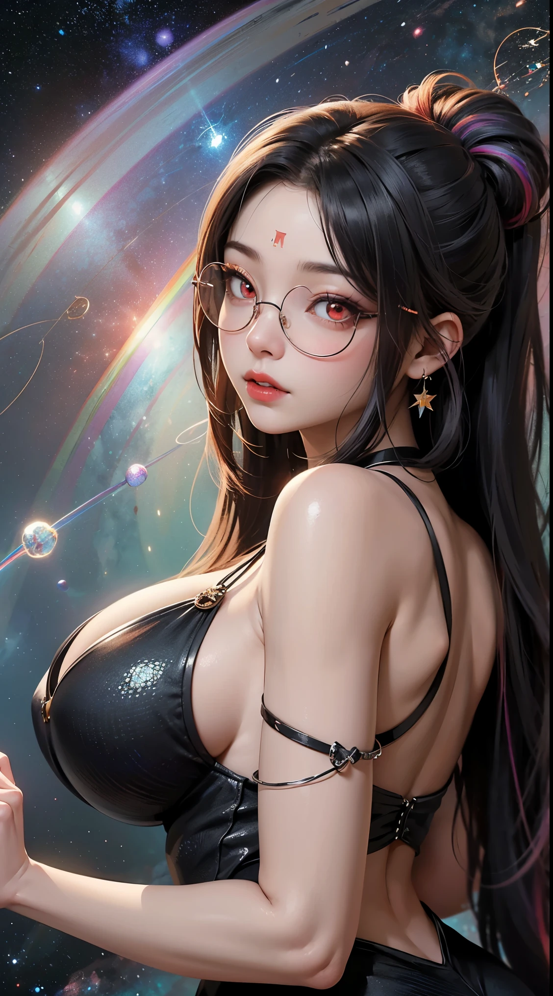 1名 27歳 woman, got it、(best illustrations)、8k UHD resolution、intricate details、最high quality、realistic、Super detailed、best lighting、best shadow、soft lighting、ultra hd、dungeon and Dragon、cave、dungeon、 necromancer、night、dark style、Succubus、devil'Daughter of、bat wings,(((デーモンホーンラック縁round glasses))))、(((big breasts)))、(devil'tail)、(red eyes shine:1.6)、masterpiece、beautiful features、Tyndall effect、realisticphotograph、(high detail skin:1.2)、8KUHD、Digital single-lens reflex camera、high quality、photograph、High resolution、 absurd、Ponytail distortion、Optimal ratio of 4 fingers and 1 thumb、1 girl、hair ornaments、真っ赤に輝くgemのネックレス、gem、beautiful expression、body up、big breasts emphasis、tight waist、wide ass、Tyndall effect、Photoreal、(high detail skin:1.2)、dark and mysterious version, lipstick red lips, thin and beautiful lips, Don'Don'Don'don't laugh, please keep your mouth shut, Characters created by Karol Baku and Pino Denis, intricate details, detailed background, very detailed, magic of light, woman, cute face, ((((giant glasses, otaku glasses, thick glasses, round glasses))))、 looking at the Upper body of the goddess , round chest, big and round chest, phoenix hair brooch, long hair with bangs, (Long hair has seven colors like a rainbow:1.9), Beautifully detailed face and well-proportioned eyes, (Crystal clear red eyes: 1.8), Big round eyes and very beautiful and detailed makeup, Visionary, long silk nightgowns, mysterious makeup, ブresponseレット, I dyed the side bangs light yellow...., Upper body, (goddess Upper body: 1.8), hanging arms, リアルで鮮やかなphotograph, (stars that make up : 1.7), ( Space-time portal of sky and imagination: 1.8), fiction art, RAWphotograph,黒い着物のphotograph, 最高のphotograph , expensive_response, 最high quality, 最高のphotograph, 8K quality, 8k ultra , surrealism, 最も経済的な本物のphotograph, Artistic portrait of 12 signs, Symbol of one of the 12 signs on the reverse side, 12 Portrait of the Goddess, 最もrealistic配色, 最高のphotograph color, masterpiece, hair ornaments, ネックresponse, jewelry, beautiful face, Upper body, Tyndall effect, photographのようにリアルな, Dark studio, border light, two tone light, (fine skin) expensive: 1.2), 8k UHD, Digital single-lens reflex camera, soft light, expensive quality, volume light, Frank, photograph, expensive responseolution, 4K quality, 8k, Bokeh, smooth and sharp, 10x more pixels, Charming goddess, sexy goddess, (background space: 1.8), (milky way: 1.7), aurora, lightning, (auroraの背景: 1.8) <roller:crazy_perfect eyes_v1_from_v1_, beautiful goddess and flowers,