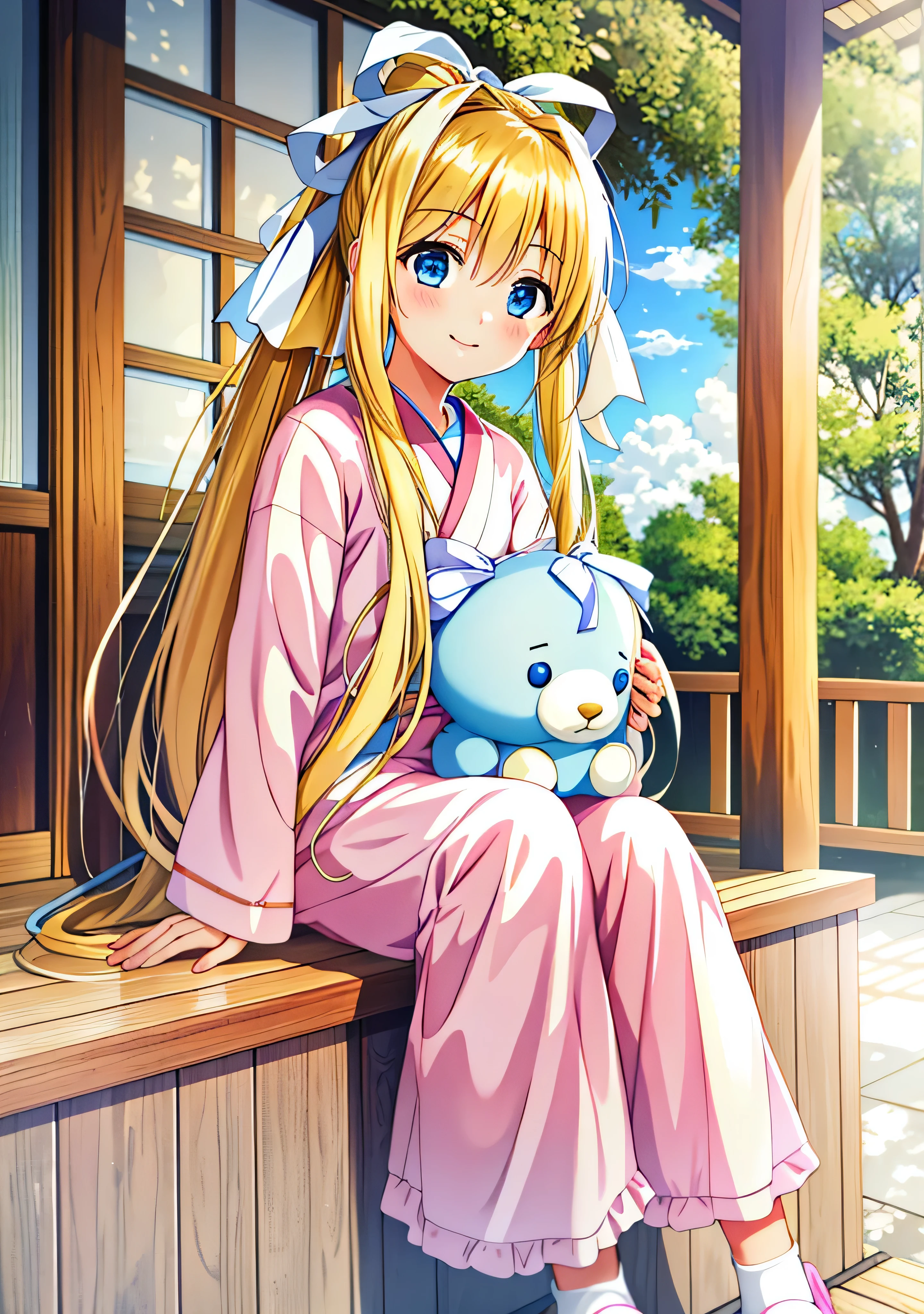 1girl, best quality, hdr, kamio misuzu, AIR, blue eyes, long hair, blonde hair, ponytail, white ribbon on hair, pink pajamas, long sleeves pajamas, pink pajamas pants, white socks, pink sandals, holding a plushie on lap, white dinosaur plushie, looking at viewer, smiling, sitting outside of a traditional japanese house, sitting on veranda, full body, sunny, summer