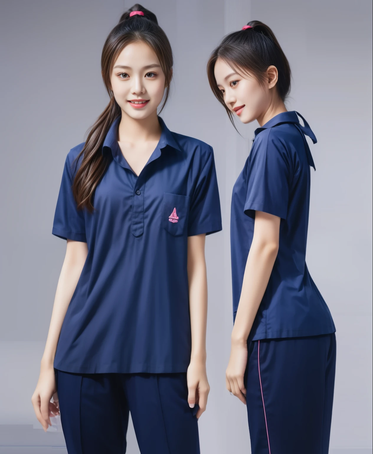 (best quality,10,10,height,Masterpiece:1.2),Special details,(realistic,ภาพrealistic,Realistic photos:1.37),1 Cute girl in the kitchen,shiny, ผิวshiny,only,smile softly,BDclothelue shirt:1.3)),short sleeve,shirt, กางเกงขาlong.,(navy_long_track pants:1.1), ((Kitchen Background)),Dynamic angle,excited,Face focus,dynamic poses,from behind,focus on ,Masterpiece, best quality, ultra realistic, Too many details, 8k resolution, raw photos, Sharp focus, ((Navy blue shirt:1.1)), short sleeve, เส้นทางlong, perfect body, 2 matmen, 18 years old, Cinema-grade lighting system,blue sweatpants,shirtผ้าออกกำลังกาย,correct anatomy,perfect body, correct body, Sharp face, correct bodyทางกายวิภาค, full body, realistic gestures, long-haired, realistic poses,Wear long shorts...........................,ช่วงขาlong,Good shape,carved girl, Slender figure, model, Good shape, beautiful body,blue sweatpants, two girls kissing
