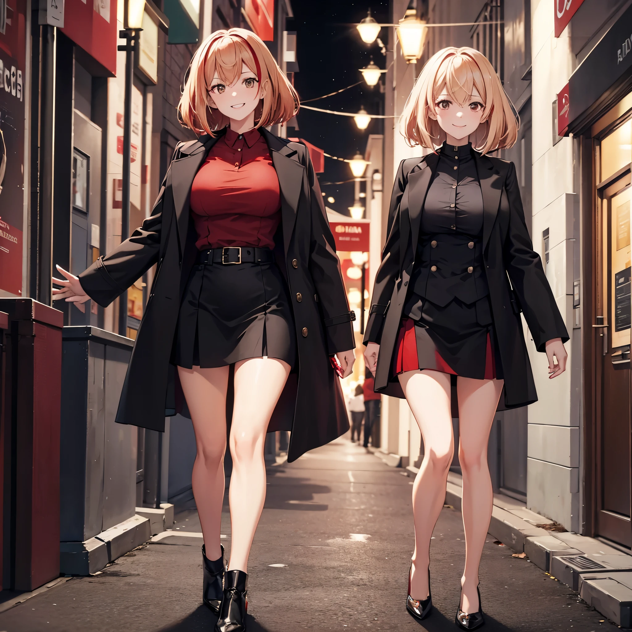 A woman wearing a red shirt, a black coat, wearing a short skirt, brown eyes, short blonde hair, red bangs, smiling, walking in a large, well-lit city at night.