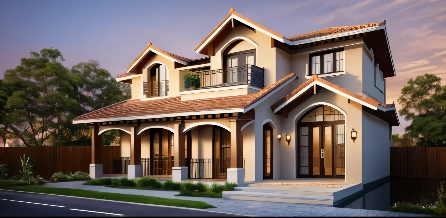 (Townhouse in city ,close houses and trees), (indochine style architecture) daylight ( best quality) ((high solution)) ,(( photo realistic)) ,warm light,  soft lighting, warm atmosphere,high Resolution, hyper detailed,4k ,vray render, octane render, hyper realistic, photography expert ,exterior design , professional photography, exterior photography,wide-angle shot , ultra detail , high Resolution , full frame, full body