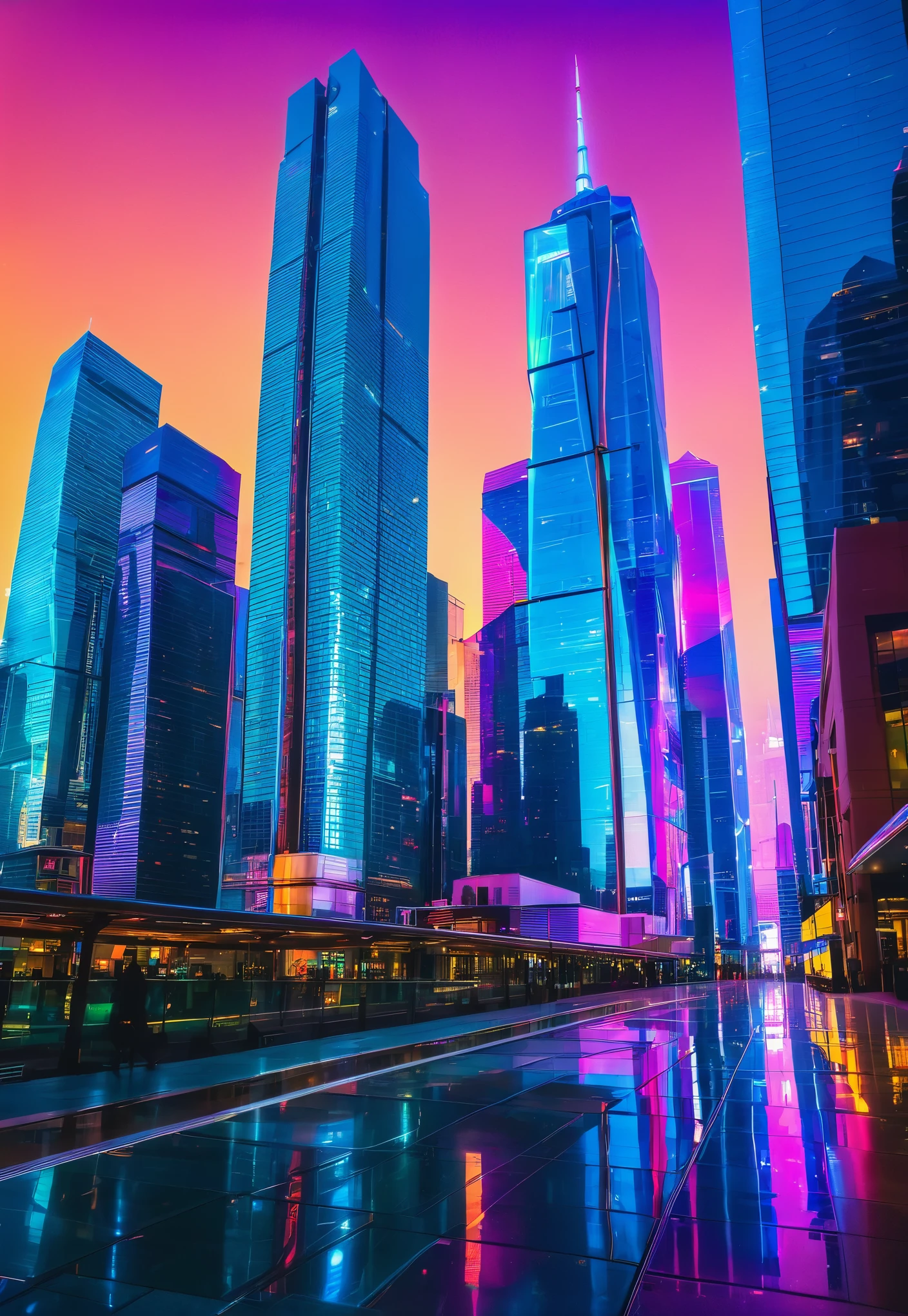 A futuristic cityscape with holographic neon lights illuminating the sky, reflecting off of glass skyscrapers.