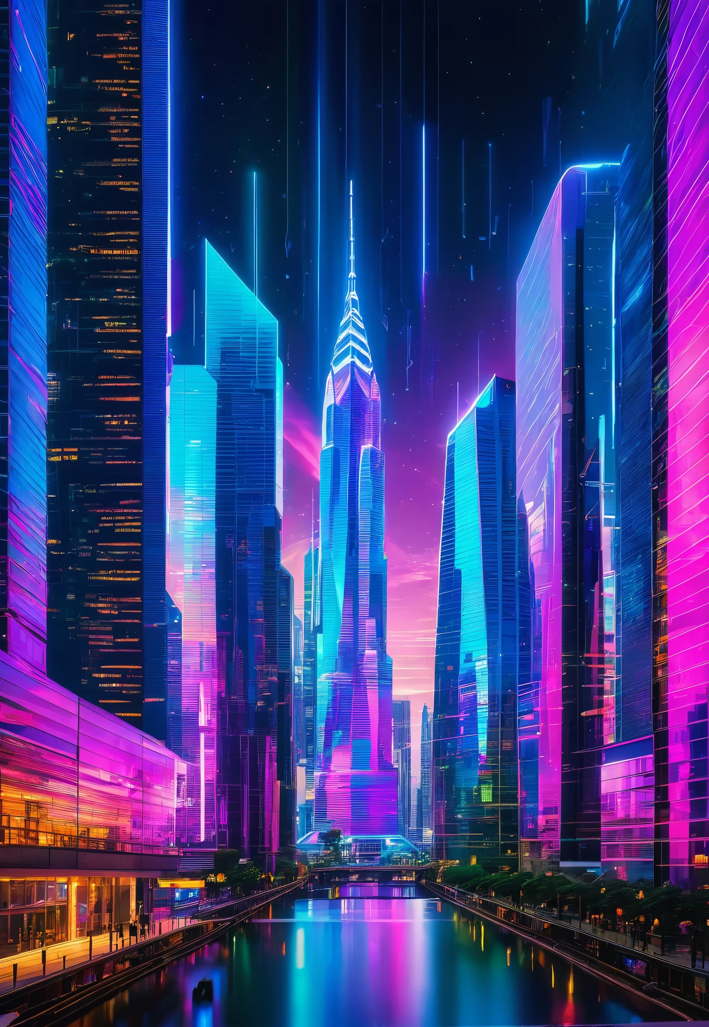 A futuristic cityscape with holographic neon lights illuminating the sky, reflecting off of glass skyscrapers.