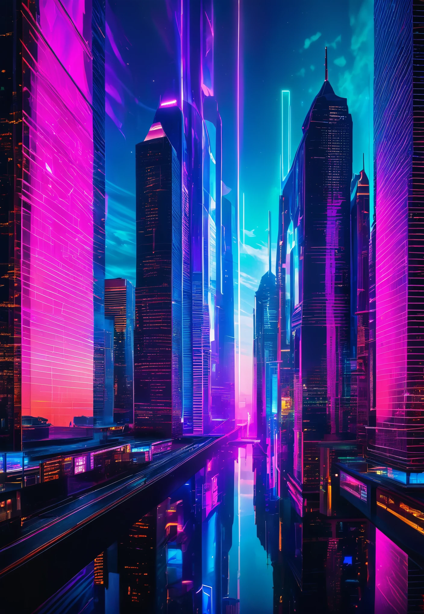 A futuristic cityscape with holographic neon lights illuminating the sky, reflecting off of glass skyscrapers.