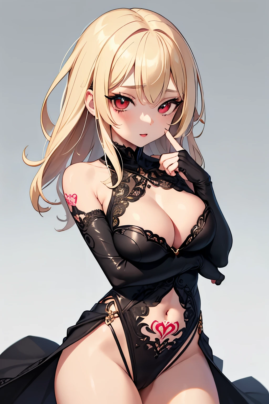 1girl, anime, cute girl, blank background, white background, fantasy, detailed fantasy dress with highlights, beautiful face, beautiful eyes, dark colors, black hair with multicolor streaks, red eye with different color pupil in eye, multicolor eye, medium small breasts (slightly big), slight cleavage, beautiful skin, cute, breast curtains, extremely delicate and beautiful, (beautiful detailed face:1.0), (detailed deep eyes), symmetrical breasts, deep eyes, shiny skin, portrait, slender waist, hips wider than shoulders, thighs, expressionless, young girl, luminous eyes, adorable，（Kpop idol）,（aegyo sal：1），（Platinum blonde hair：1），（（puffy eye）），Black panty，sexy posture，Superskirt, ultra high resolution，Black collar，slim figure, Abdominal y tattoo, womb tattoo，Tight-fitting leg ring，y tattoo on half-body，Bare skin, Armored hand，Hidden fingertips，Hand covered，Arm covered，Fist covered,{{beautiful detailed fingers}}, tufts of hair, moderate beautiful breast:1.0,(masterpiece:1.2), best quality, high-res, HDR, perfect face, intricate armor, delicate blue filigree, intricate filigree, red metalic parts, detailed part, dynamic pose, dynamic lights,