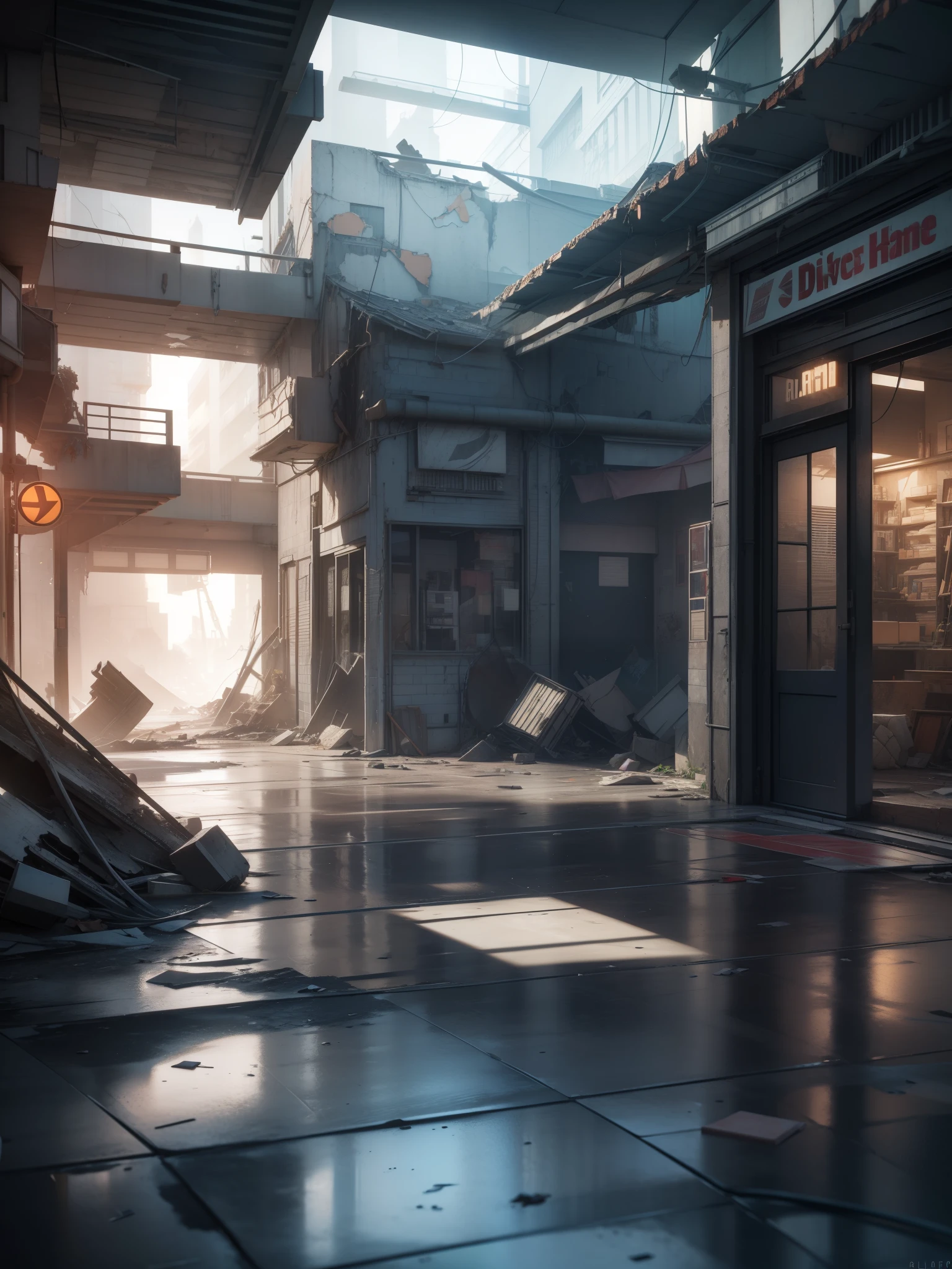 3D Model HD Rendering, Architectural Rendering, Right Angle Isometric View, 45 Degree Angle, (Gray Background), High Detail, Cinematic, Global Illumination, Realistic Lighting, Unreal Engine Rendering, Substance 3D, Octane Rendering, (HDR:1.3), (Cluttered Dilapidated Street Shops, All Over the Floor), Crash, Combat Damage Style, Overgrown