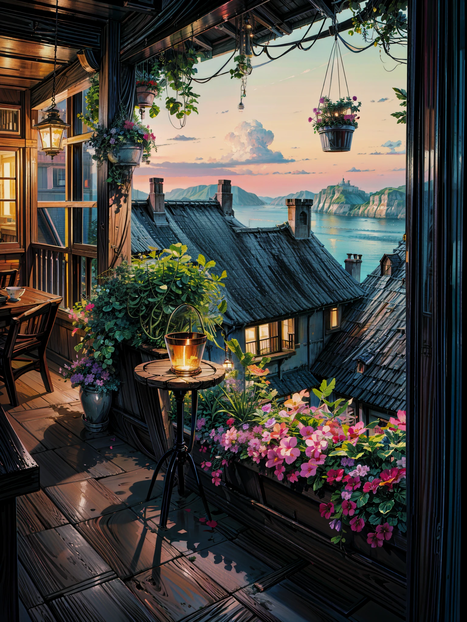 A painting of a balcony with a view of the ocean, by Evgeny Lushpin, by Terry Redlin, beautiful terrace, by Pamela Ascherson, ( ( thomas kinkade ) ), by Guido Borelli da Caluso, inspired by Evgeny Lushpin, kinkade. award winning, john stephens, by Ruth Sanderson, by thomas kinkade, beautiful calm lofi vibe, monstera plant, hanging lights , 4k hd, cloud,big window,open balcony,beautiful art uhd 4 k, a beautiful artwork illustration, beautiful digital painting, highly detailed digital painting, beautiful digital artwork, detailed painting 4 k, very detailed digital painting, rich picturesque colors, gorgeous digital painting
