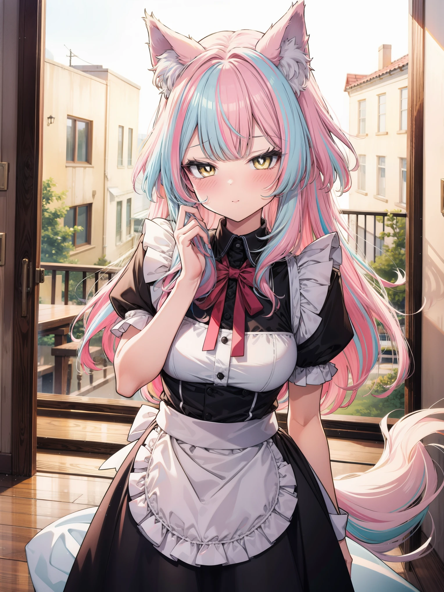 (masterpiece), (best quality), (perfect anatomy), (ultra-detailed), 1 girl, solo, cute face, (pastel color), light color, multicolored hair, light pink hair, (light blue streaked hair:1.1), wavy hair, (wolf girl) wolf ears, wolf tail, Maid clothes, dynamic pose, cafe scenery