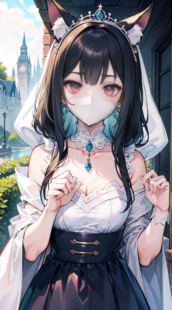 high quality, masterpiece, super detailed, 1 girl, extremely detailed faces,white lace bikini，white cloak，princess crown，Calm expression,White cloth gag，handcuffs，Collar，long black hair, charming pink eyes, fox ears,  castle，garden，waterside，