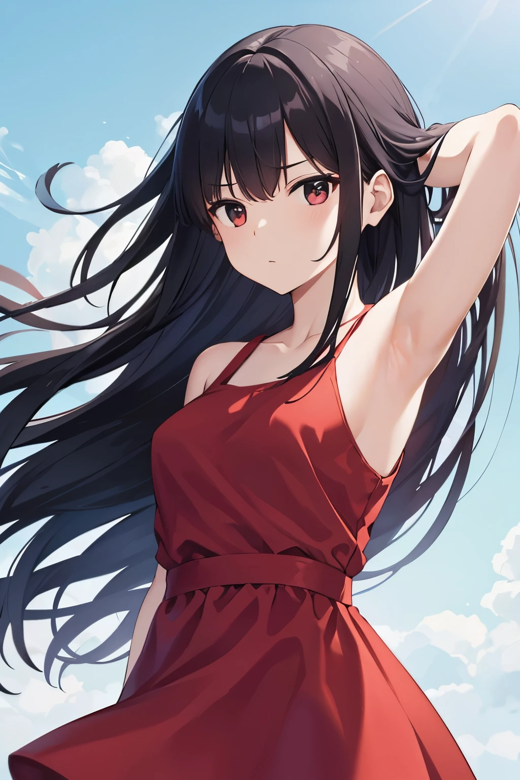 A giri,plain red sleeveless dress,black straight hair,blown by the wind,armpit