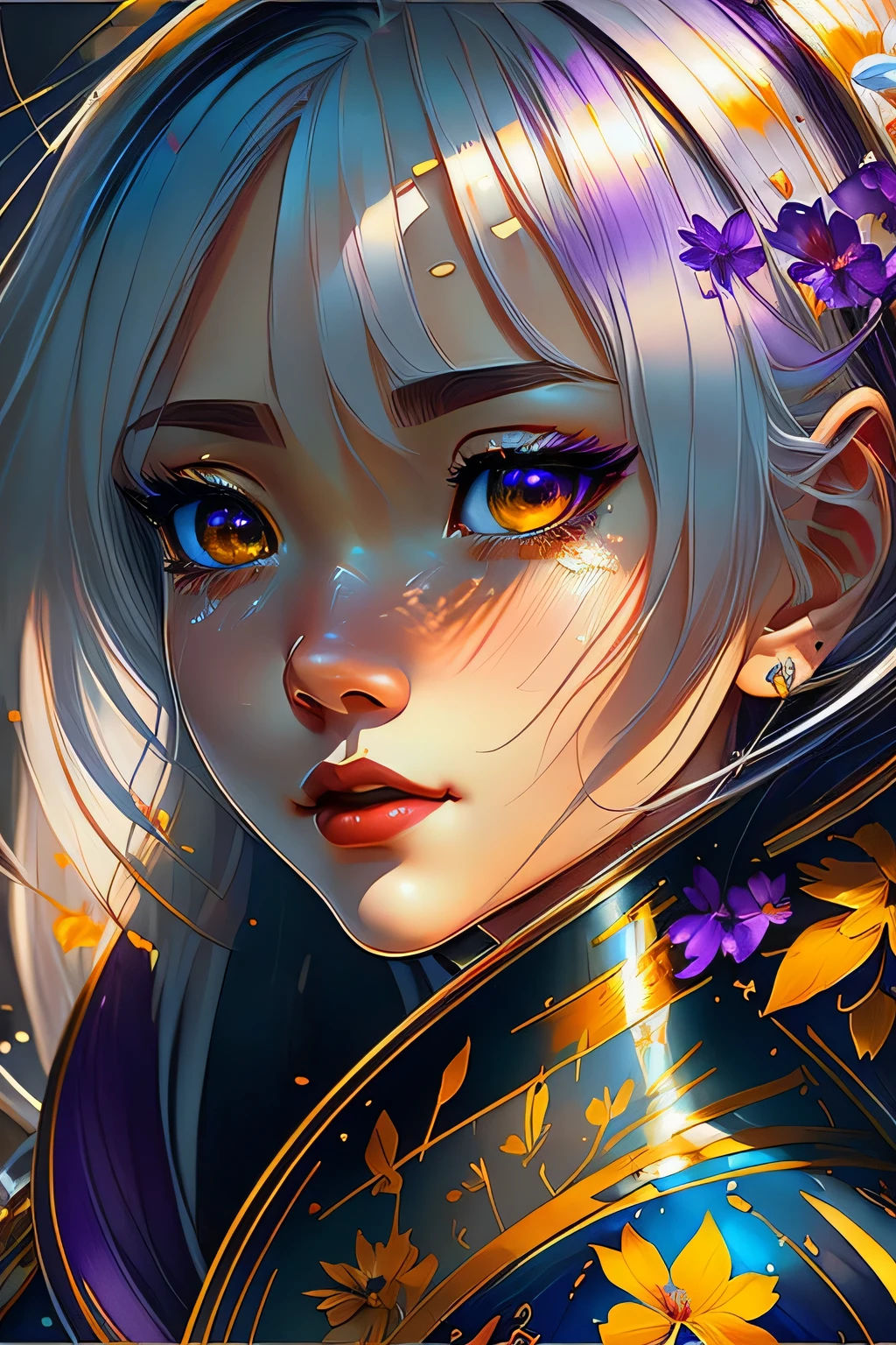 ((Create MaxZenArt!)), (Yuna), (young girl, , naked, full length, naked body, dark hair, light skin, scarlet lips, smile; black, expressive playful eyes, long eyelashes))_( (Highest quality, masterpiece), (one young girl - 16 years oldll length, legs spread, white hair, white skin, scarlet lips-smile; black, expressive playful eyes, long eyelashes), (black translucent - chiffon dress, golden line, very short peignoir dress, (erotica), (sexy), (very sexy body, seductive body, small beautiful breasts, genitals), (calm relaxed pose, hair fluttering in the wind, half turn, look at viewer, stylish girl model))_((Digital painting, wide brush stroke, outstanding skill, oil painting), (daylight, soft warm shadows, contrasting cold light, reflexes, refraction, tracing))_((background - stunning blooming irises; (purple, yellow, blue, white), (petals, shoots))_((Highest quality workmanship, realism, digital painting, modern brushwork, clear correct anatomy, grace, simplicity of execution))、Beyond the river of tears、I want to forget everything、sad unrequited love、Embraced by a woodcutter、cute girl,perfect face,