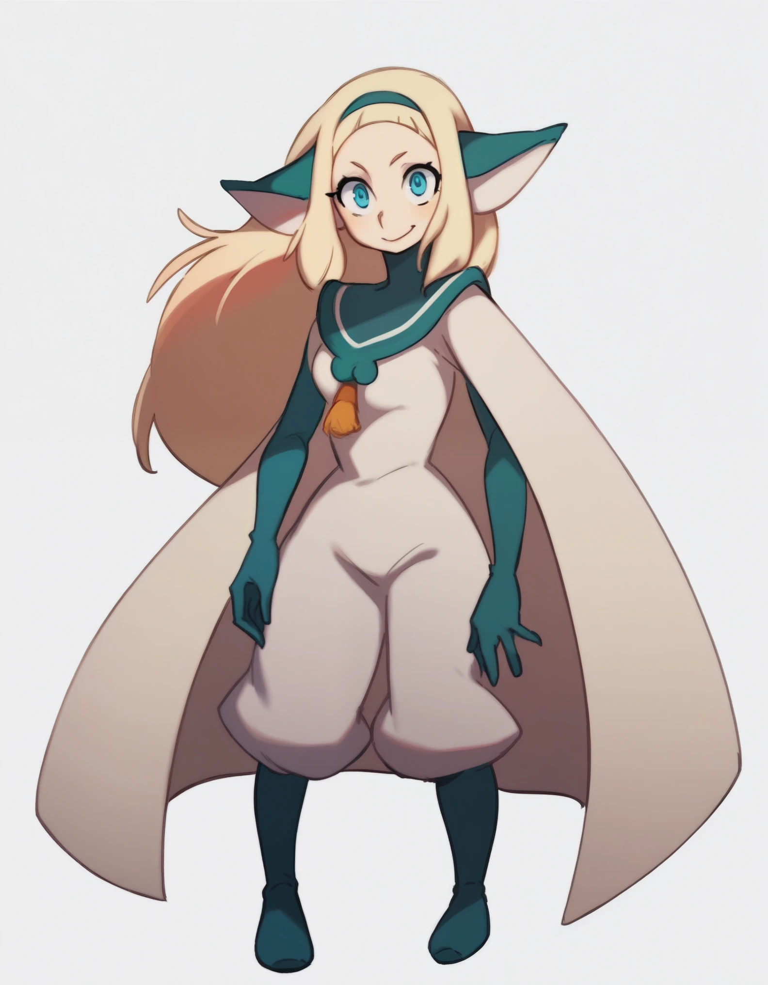 score_9, score_8_up, score_7_up, score_6_up, BREAK, source_cartoon, source_anime, 1girl, bakarajurgen, blonde hair, long hair, blue eyes, hairband, animal ears, gloves, hairband, cape, full body, standing, smile, looking at viewer, solo, simple background, white background