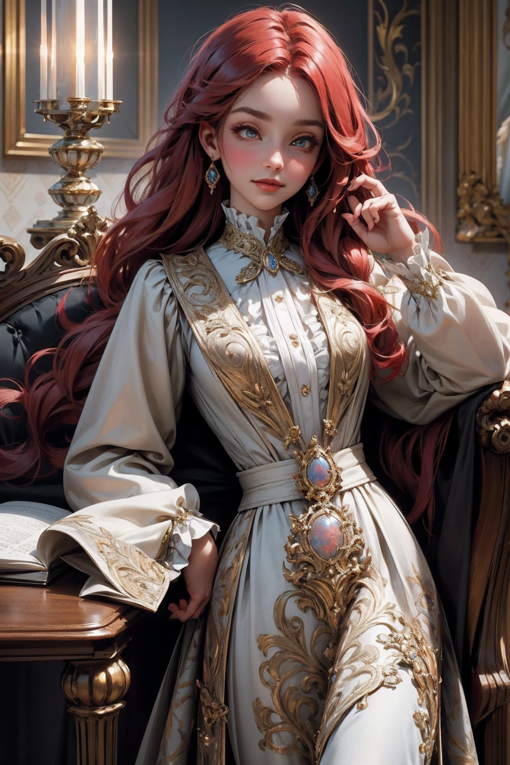 { - ??????? error}(Masterpiece - Ultra-detailed, very high resolution) Prepare to be enchanted by a true masterpiece that combines ultra-detailed art with high-resolution rendering. This work depicts a mesmerizing woman with very long red hair (1.3) and captivating opal eyes (1.2), emanating an aura of elegance and mystery in Victorian settings. The intricate details and realistic textures invite you to explore every aspect of this enchanting composition. Woman wearing beautiful classic Victorian costume from the year 1878. Red lips. Happy face. Smiling. light blue (gold) dress. Walking, writing, lying down, standing, on your back, dynamic poses., upper body. dynamic poses. Get ready to dive into a world where beauty and craftsmanship merge perfectly.