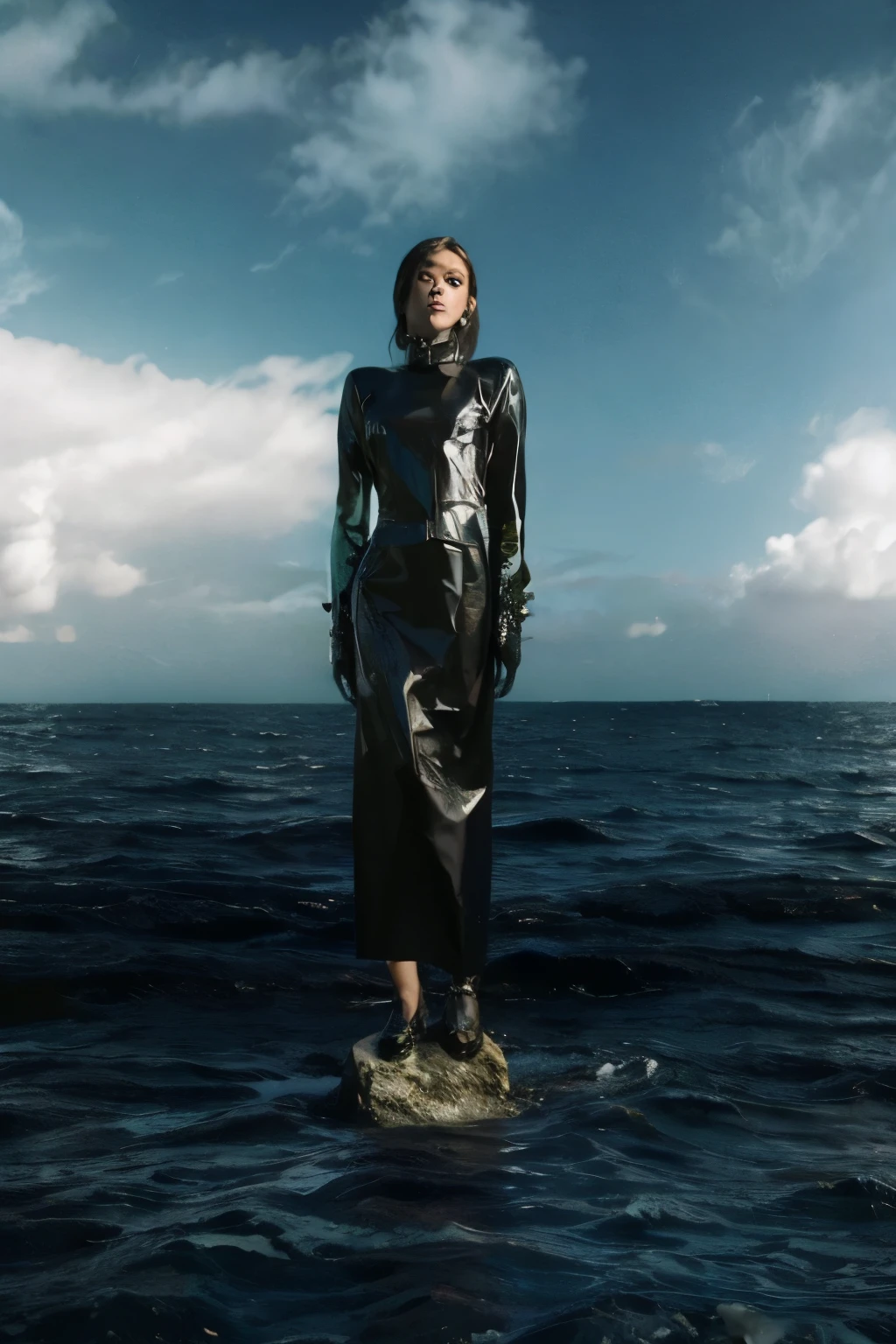 Arafed woman in a black leather dress standing on a rock in the middle of the ocean, editorial oficial de jil sander, Margiela Campaign, Steven Klein, editorial oficial de moda, editorial oficial dior, wearing leather swimsuit, official valentino editorial, editorial oficial de vuitton, foto de la revista vogue, editorial oficial de prada, julia sarda, Vogue Italia