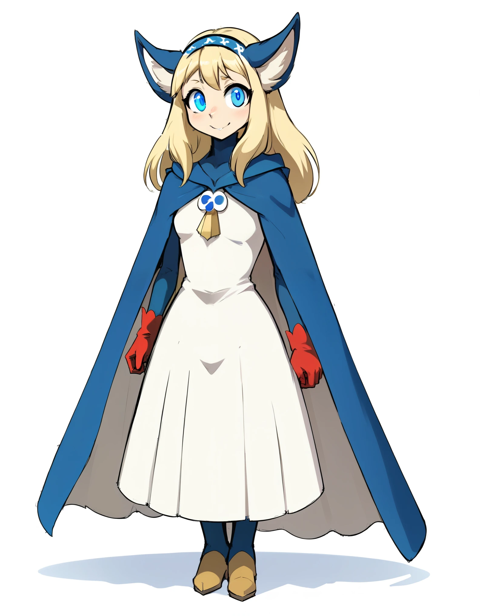 score_9, score_8_up, score_7_up, score_6_up, BREAK, source_cartoon, source_anime, 1girl, bakarajurgen, blonde hair, long hair, blue eyes, hairband, animal ears, gloves, hairband, cape, full body, standing, smile, looking at viewer, solo, simple background, white background