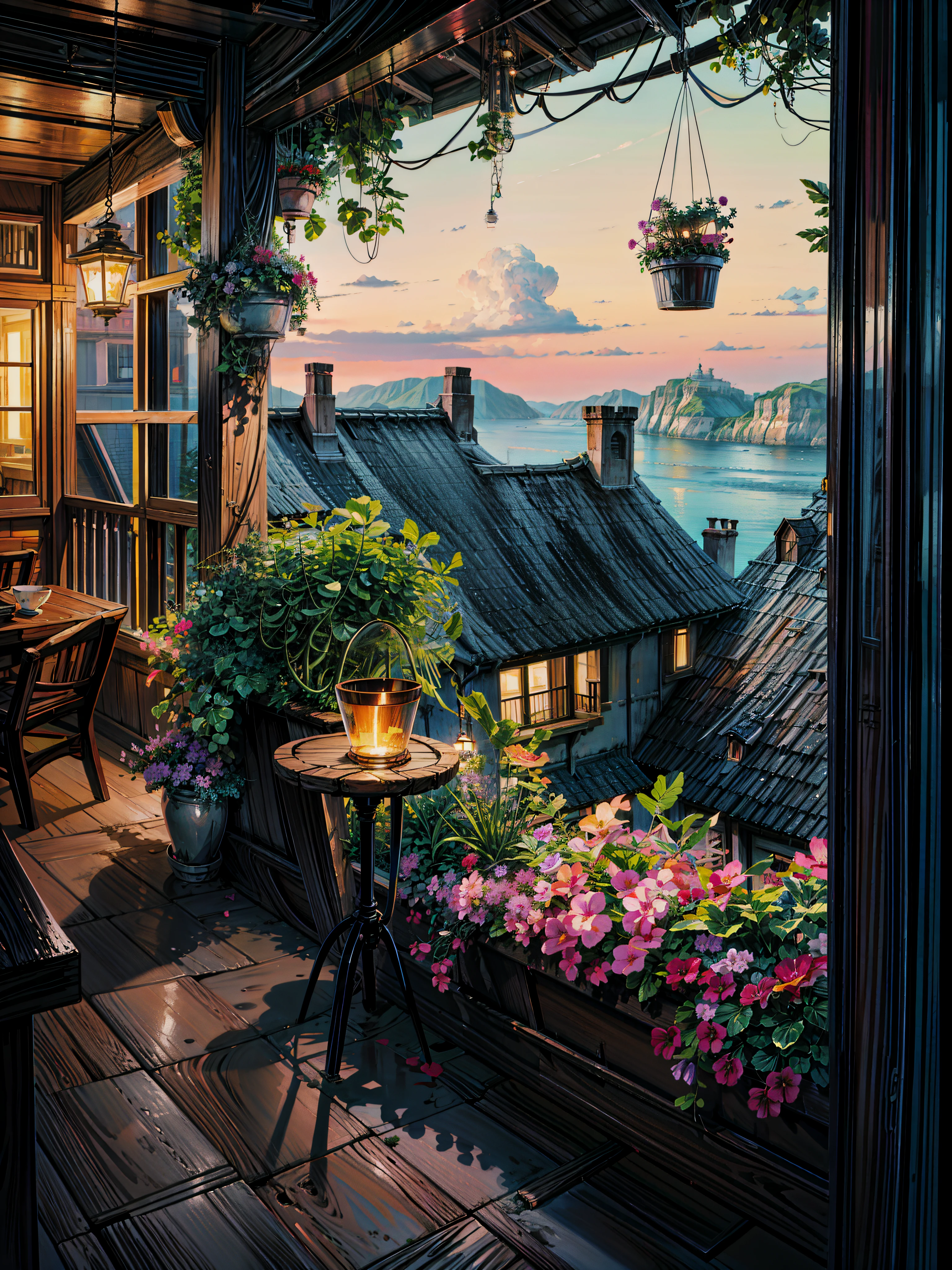 A painting of a balcony with a view of the ocean, by Evgeny Lushpin, by Terry Redlin, beautiful terrace, by Pamela Ascherson, ( ( thomas kinkade ) ), by Guido Borelli da Caluso, inspired by Evgeny Lushpin, kinkade. award winning, john stephens, by Ruth Sanderson, by thomas kinkade, beautiful calm lofi vibe, monstera plant, hanging lights  , 4k hd, cloud,big window,open balcony,beautiful art uhd 4 k, a beautiful artwork illustration, beautiful digital painting, highly detailed digital painting, beautiful digital artwork, detailed painting 4 k, very detailed digital painting, rich picturesque colors, gorgeous digital painting