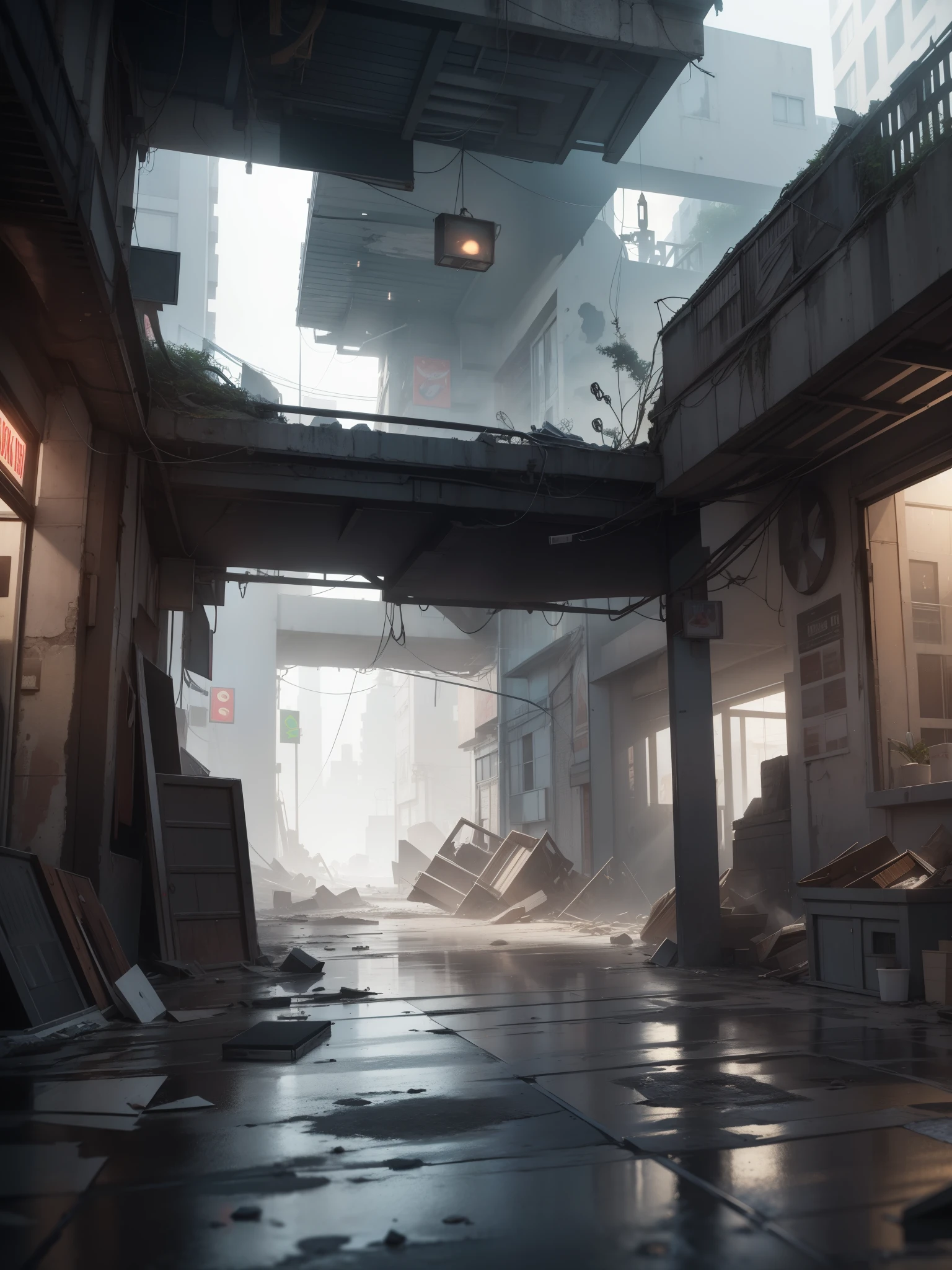 3D Model HD Rendering, Architectural Rendering, Right Angle Isometric View, 45 Degree Angle, (Gray Background), High Detail, Cinematic, Global Illumination, Realistic Lighting, Unreal Engine Rendering, Substance 3D, Octane Rendering, (HDR:1.3), (Cluttered Dilapidated Street Shops, All Over the Floor), Crash, Combat Damage Style, Overgrown