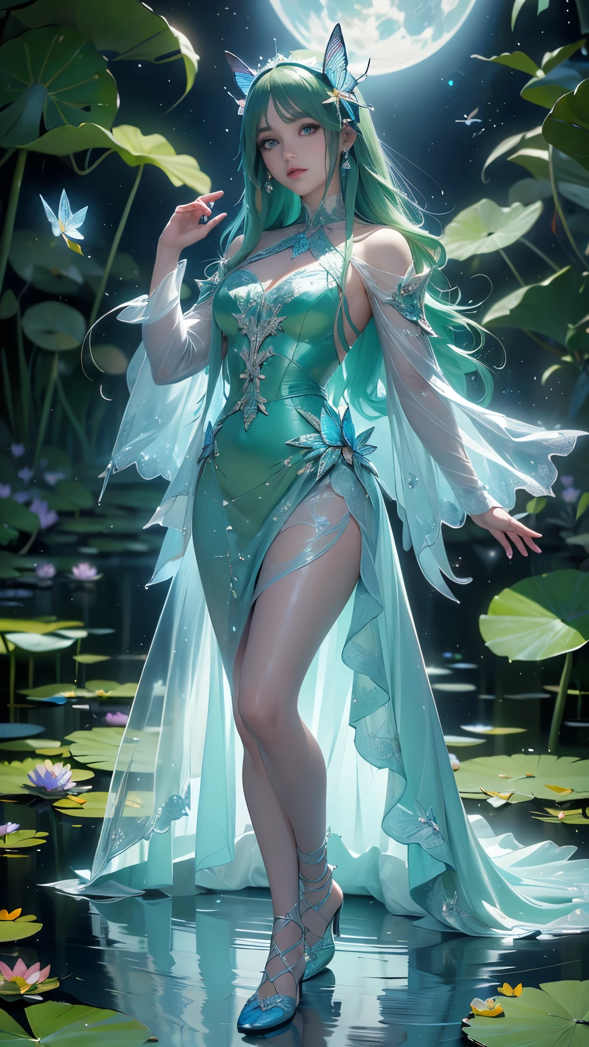 (La mejor calidad,A high resolution,Ultra - detallado,actual),Ariana Grande, (vestido verde:1.4 ), (loto pond), (Water lily leaf), (loto: 1.3), (mariposa: 1.4), (abanico de papel), (hojas flotantes:1.4 ), (viento), (Durmiendo), (agua transparente: 1.1), (luz de la luna: 1.3, combinando perfectamente con el paisaje circundante. en una hermosa noche, la luz de la luna brilla sobre la superficie del agua, creando un ambiente tranquilo. desde arriba, Spectators can see the water lilies and lotus flowers around them., y hay una luz misteriosa bajo el agua que ilumina a los elegantes peces nadando a su alrededor.. Muchas mariposas azules, More detailed 8K.motor irreal:1.4,UHD,La mejor calidad:1.4, fotorrealista:1.4, textura de la piel:1.4, obra maestra:1.8,obra-prima, mejor calidad,objeto Objeto], (detailed face features:1.3),(Las proporciones correctas),(Ojos hermosos azules:1.4 ),  (pose vaquero), (dedos detailed :1.4) 