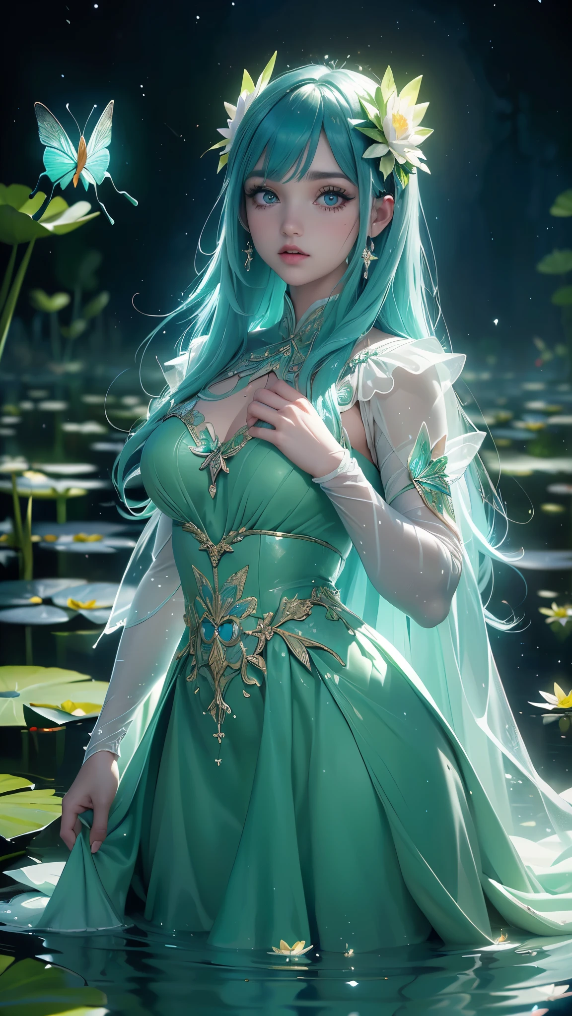 (La Best Quality,A high resolution,Ultra - detailed,actual),Ariana Grande, (green dress:1.4 ), (heart pond), (Water lily leaf), (heart: 1.3), (mariposa: 1.4), (paper fan), (floating leaves:1.4 ), (wind), (sleeping), (transparent water: 1.1), (Moonlight: 1.3, blending perfectly with the surrounding landscape. on a beautiful night, la Moonlight brilla sobre la superficie del agua, creating a calm environment. from above, Spectators can see the water lilies and lotus flowers around them., and there is a mysterious light underwater that illuminates the graceful fish swimming around it.. Many blue butterflies, More detailed 8K.unreal engine:1.4,UHD,La Best Quality:1.4, photorealistic:1.4, skin texture:1.4, masterpiece:1.8,first work, Best Quality,object object], (detailed face features:1.3),(The correct proportions),(Beautiful blue eyes:1.4 ),  (cowboy pose), (fingers detailed :1.4), (background big wild leaves :1.4), giant mushrooms, 
