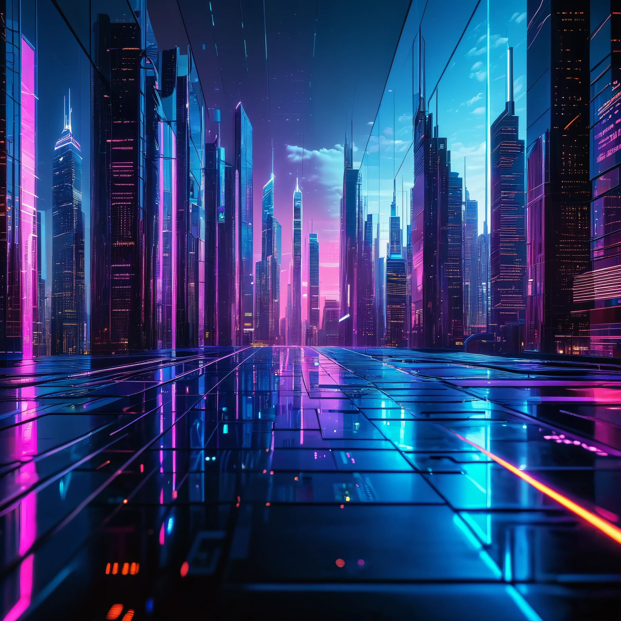 A futuristic cityscape with holographic neon lights illuminating the sky, reflecting off of glass skyscrapers, circuitboard.