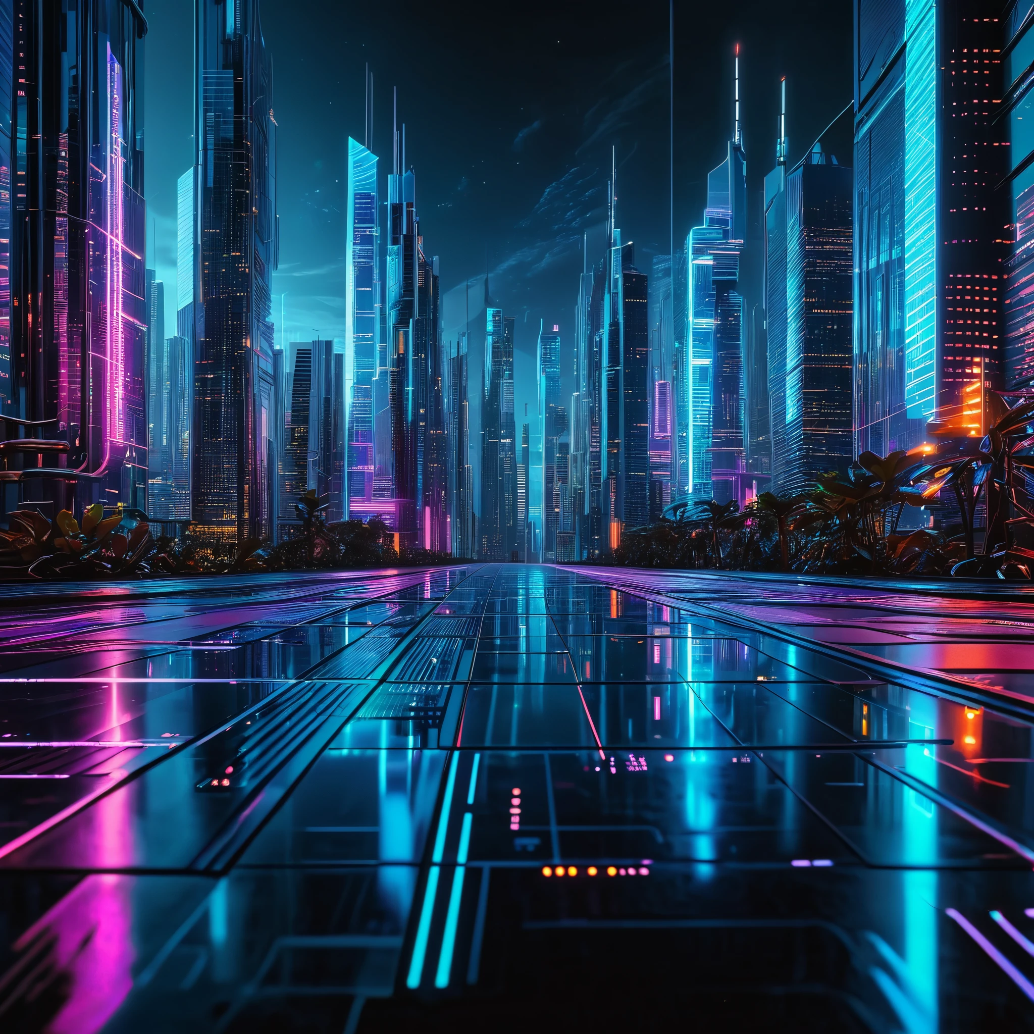 A futuristic cityscape with holographic neon lights illuminating the sky, reflecting off of glass skyscrapers, circuitboard.