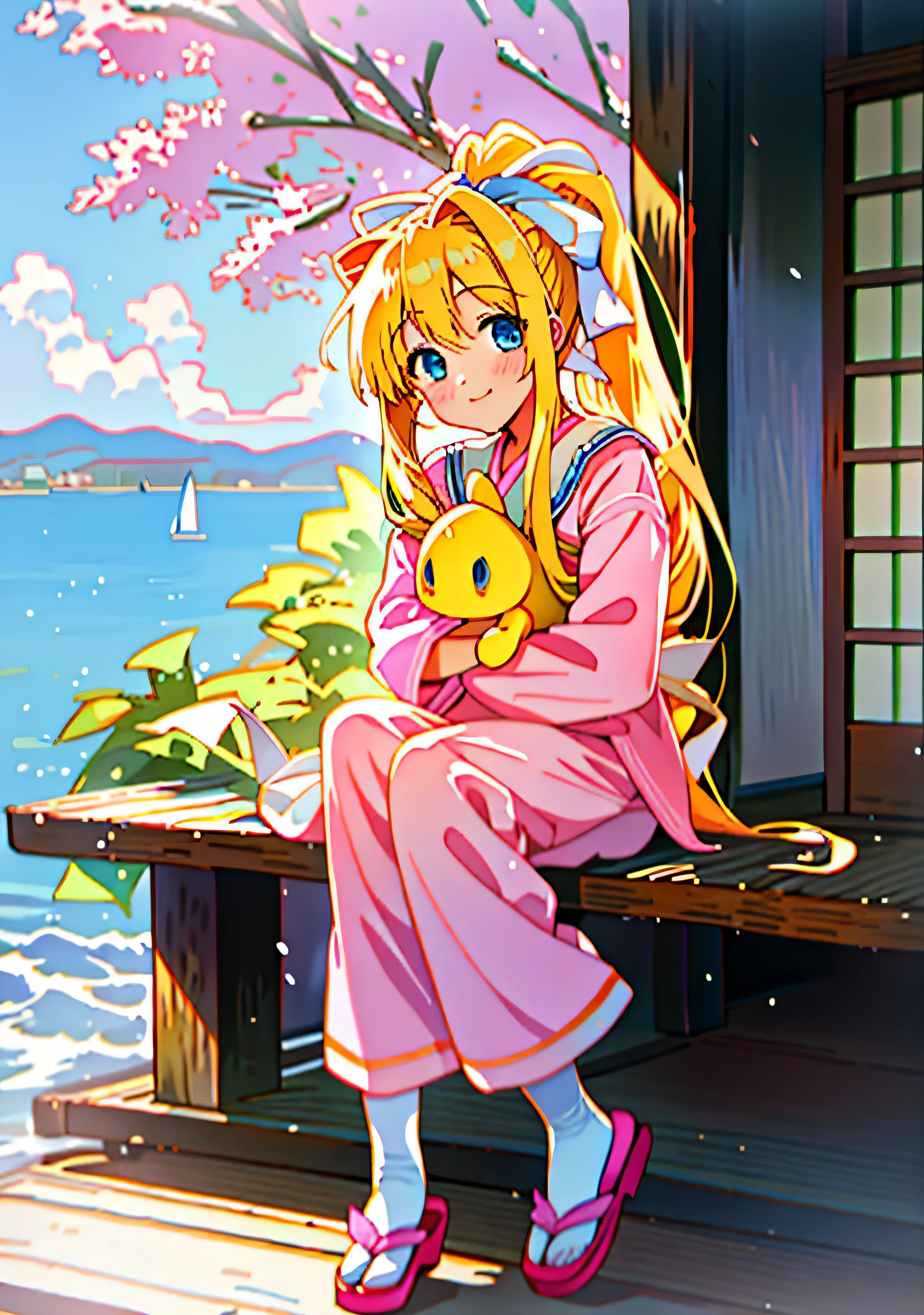 1girl, best quality, hdr, kamio misuzu, AIR, blue eyes, long hair, blonde hair, ponytail, white ribbon on hair, pink pajamas, long sleeves pajamas, pink pajamas pants, white socks, pink sandals, holding a plushie on lap, white dinosaur plushie, looking at viewer, smiling, sitting outside of a traditional japanese house, sitting on veranda, full body, sunny, summer