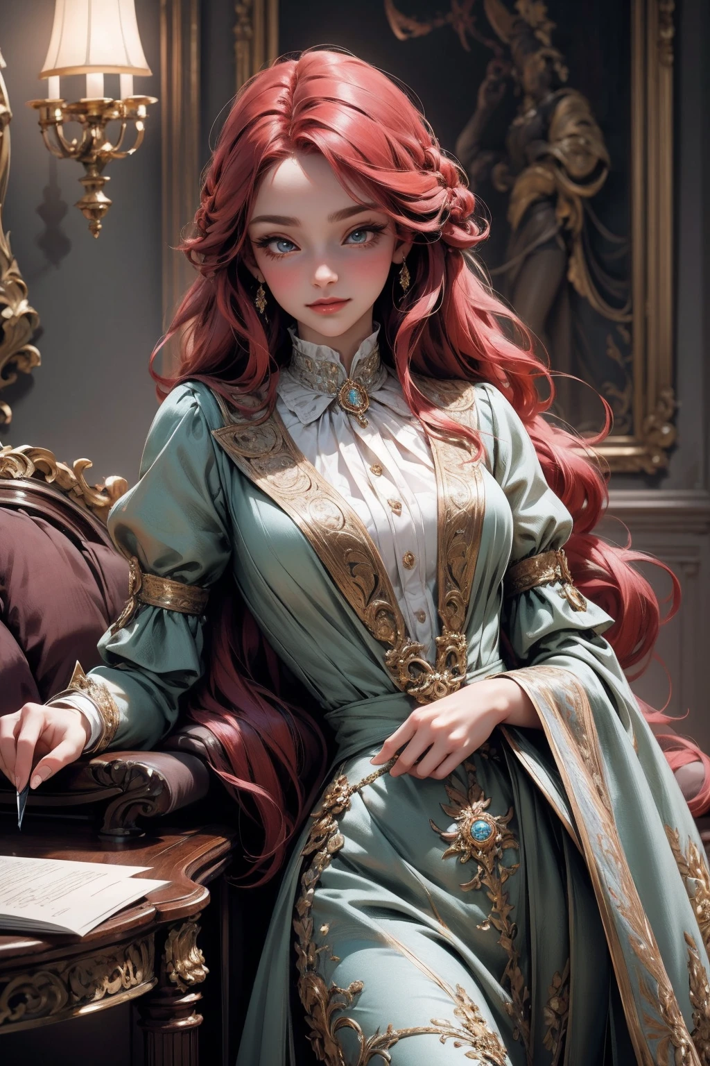 { - anatomy error}(Masterpiece - Ultra-detailed, very high resolution) Prepare to be enchanted by a true masterpiece that combines ultra-detailed art with high-resolution rendering. This work depicts a mesmerizing woman with very long red hair (1.3) and captivating opal eyes (1.2), emanating an aura of elegance and mystery in Victorian settings. The intricate details and realistic textures invite you to explore every aspect of this enchanting composition. Woman wearing beautiful classic Victorian costume from the year 1878. Red lips. Happy face. Smiling. light blue (gold) dress. Walking, writing, lying down, standing, on your back, dynamic poses., upper body. dynamic poses. Get ready to dive into a world where beauty and craftsmanship merge perfectly.
