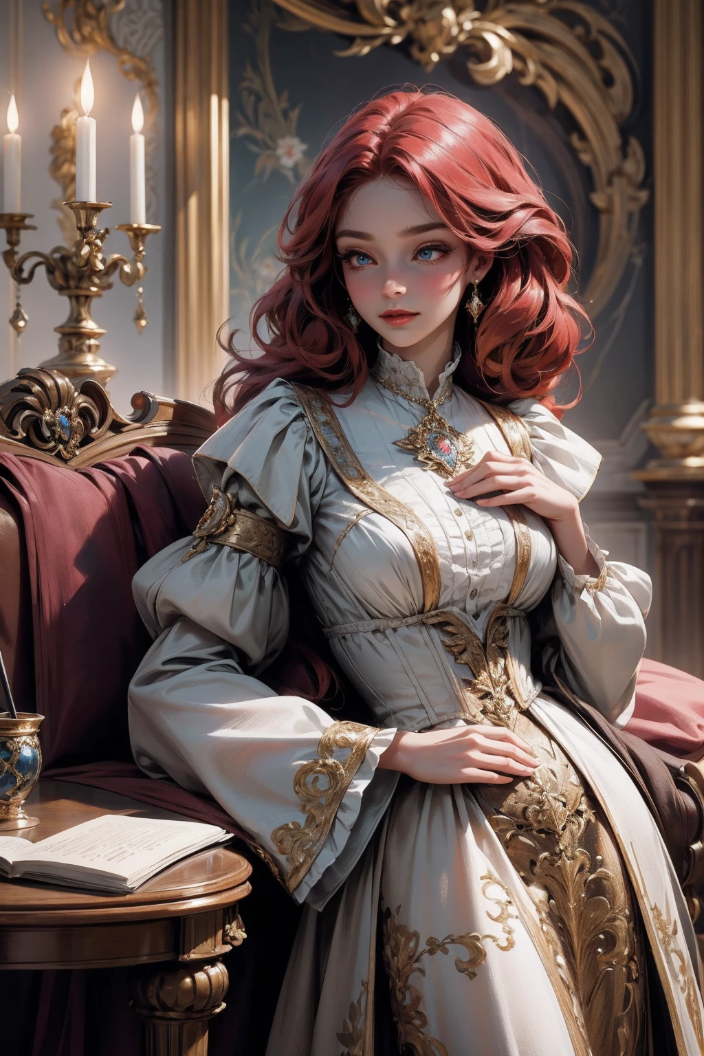 { - anatomy error}(Masterpiece - Ultra-detailed, very high resolution) Prepare to be enchanted by a true masterpiece that combines ultra-detailed art with high-resolution rendering. This work depicts a mesmerizing woman with very long red hair (1.3) and captivating opal eyes (1.2), emanating an aura of elegance and mystery in Victorian settings. The intricate details and realistic textures invite you to explore every aspect of this enchanting composition. Woman wearing beautiful classic Victorian costume from the year 1878. Red lips. Happy face. Smiling. light blue (gold) dress. Walking, writing, lying down, standing, on your back, dynamic poses., upper body. dynamic poses. Get ready to dive into a world where beauty and craftsmanship merge perfectly.
