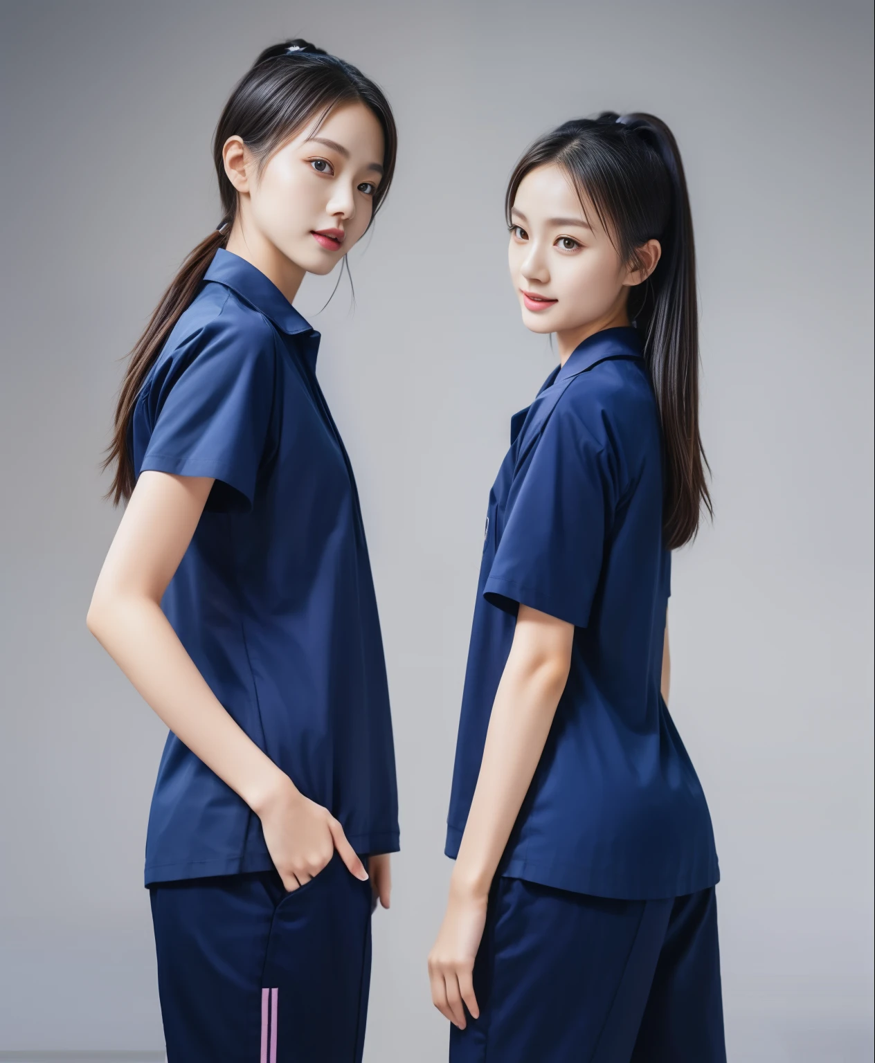 (best quality,10,10,height,Masterpiece:1.2),Special details,(realistic,ภาพrealistic,Realistic photos:1.37),1 Cute girl in the kitchen,shiny, ผิวshiny,only,smile softly,BDclothelue shirt:1.3)),short sleeve,shirt, กางเกงขาlong.,(navy_long_track pants:1.1), ((Kitchen Background)),Dynamic angle,excited,Face focus,dynamic poses,from behind,focus on ass,Masterpiece, best quality, ultra realistic, hyper detail, 8k resolution, raw photos, Sharp focus, ((Navy blue shirt:1.1)), short sleeve, เส้นทางlong, perfect body, 2 mature women, 18 years old, Cinema-grade lighting system,blue sweatpants,shirtผ้าออกกำลังกาย,correct anatomy,perfect body, correct body, Sharp face, correct bodyทางกายวิภาค, full body, realistic gestures, long-haired, realistic poses,Wear long shorts...........................,ช่วงขาlong,Good shape,carved girl, Slender figure, model, Good shape, beautiful body,blue sweatpants, two girls kissing