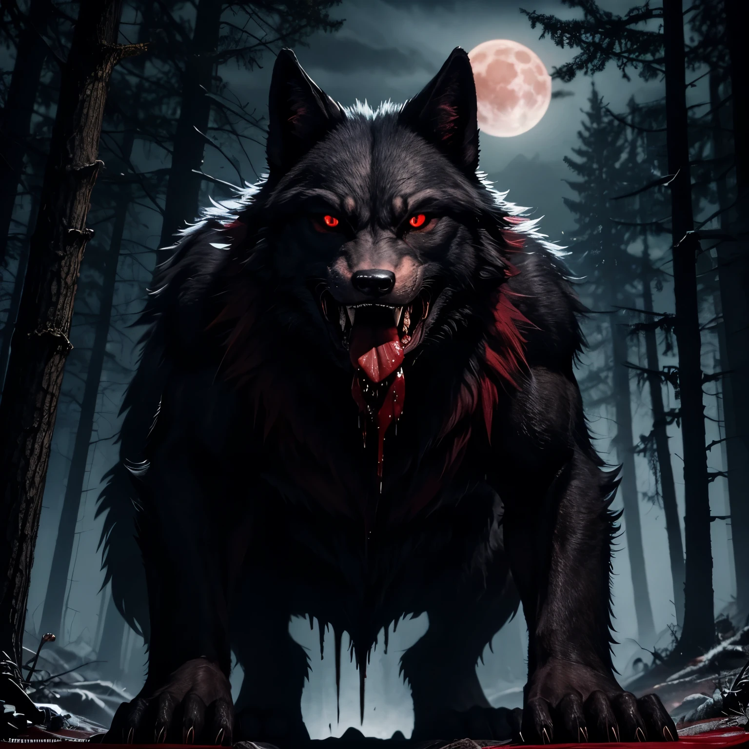 Werewolf glaring at the camera, glowing red eyes, bloody red fangs drooling with mouth wide open, fangs dripping with blood, bloody, sharp claws, black furr, muscular body, full moon, blue moon, black forest, forest, darkness, 