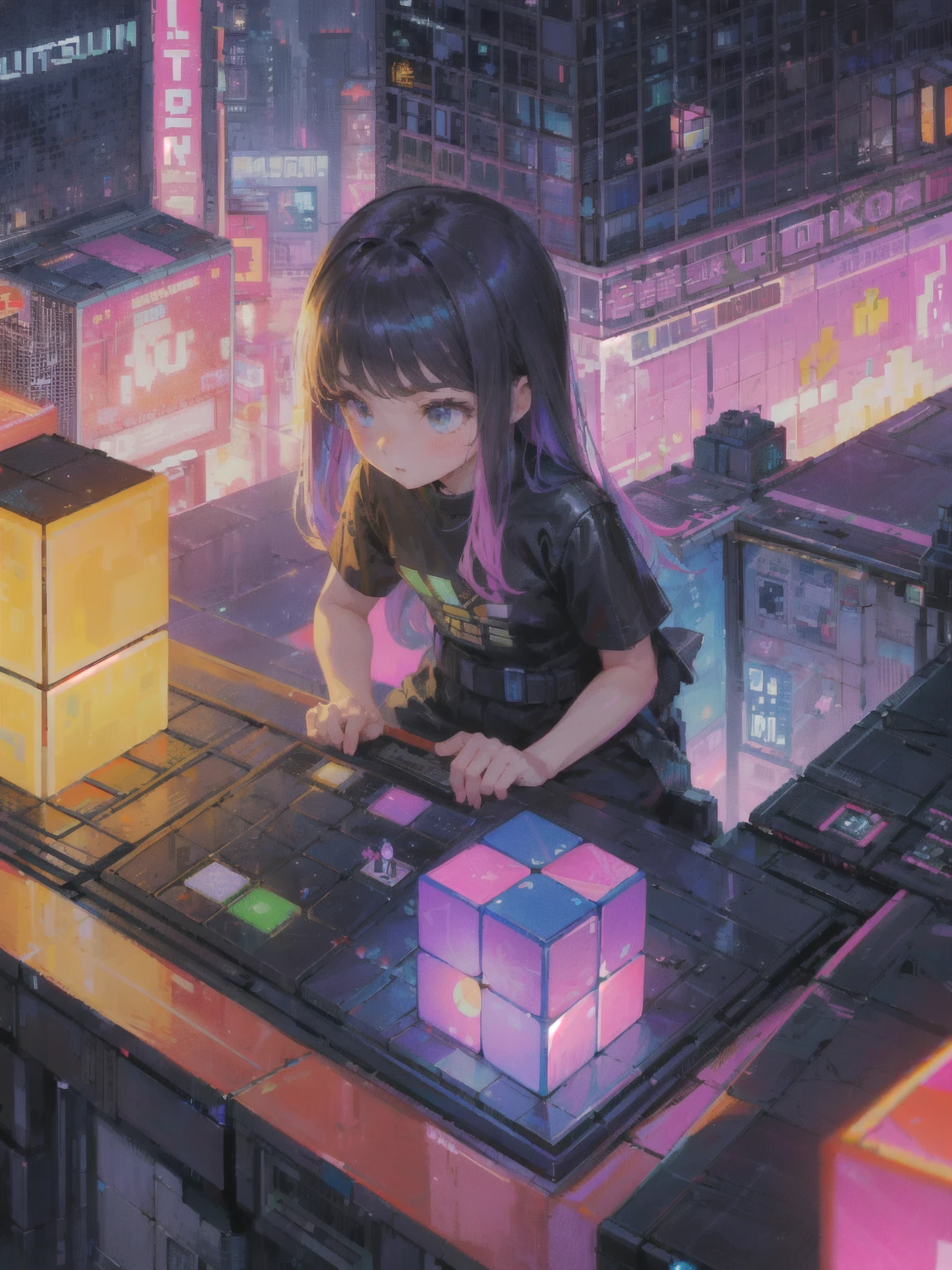 (pixel art_1.1),top view,A flowery city composed of a three-dimensional fourth-level Rubik's Cube,Every side of the Rubik's Cube is lively,little girl,night,street,kitten,neon lights,Hongkong,cyberpunk,Four-dimensional space,distortion