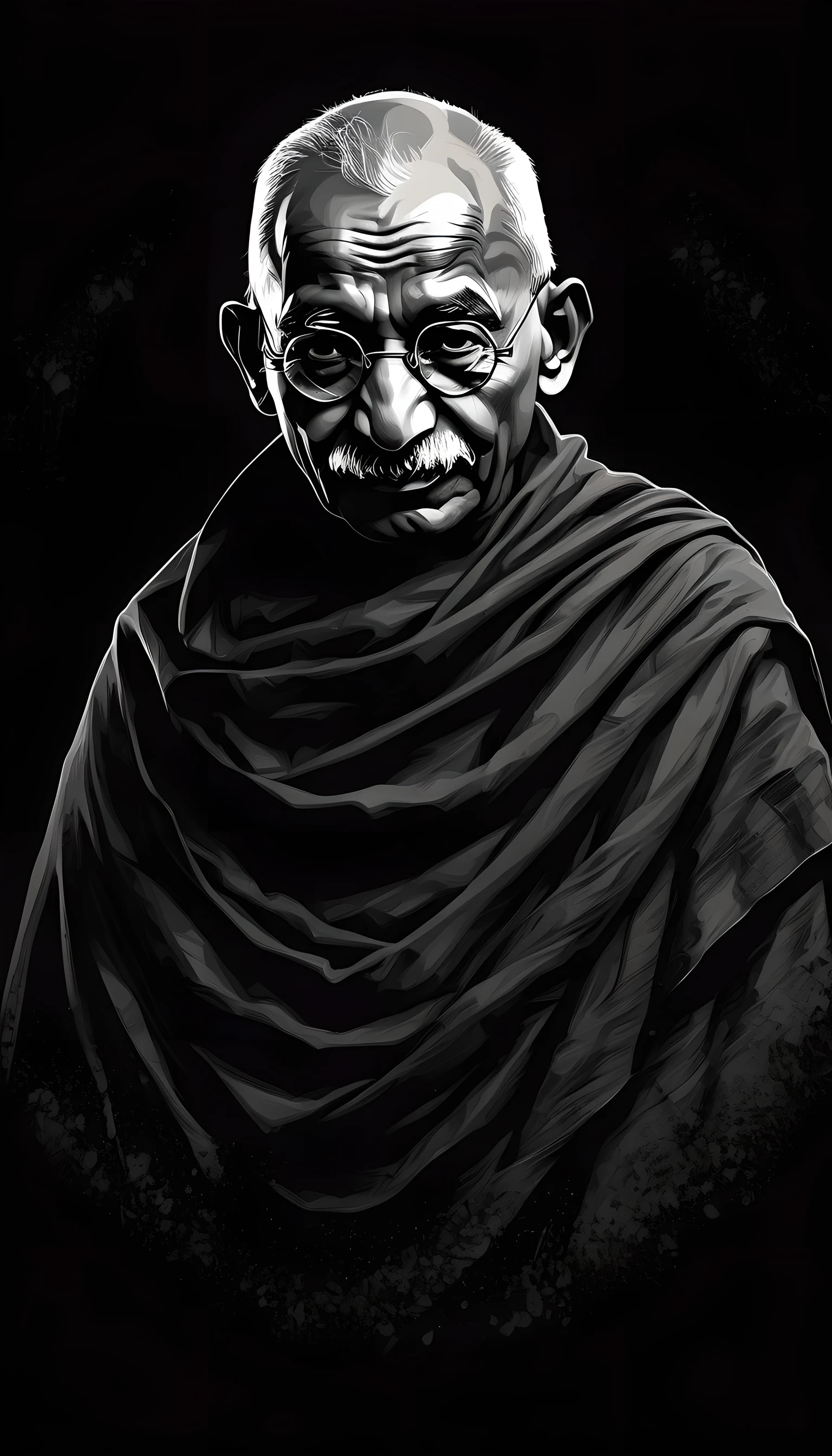 a masterpiece, ultra detailed, sombre, noir, high resolution illustration of a Mahatma Gandhi, dressed as batman, circular vector painting, drawn by ink, greatest attention to details with masterclass strokes, with a blank background