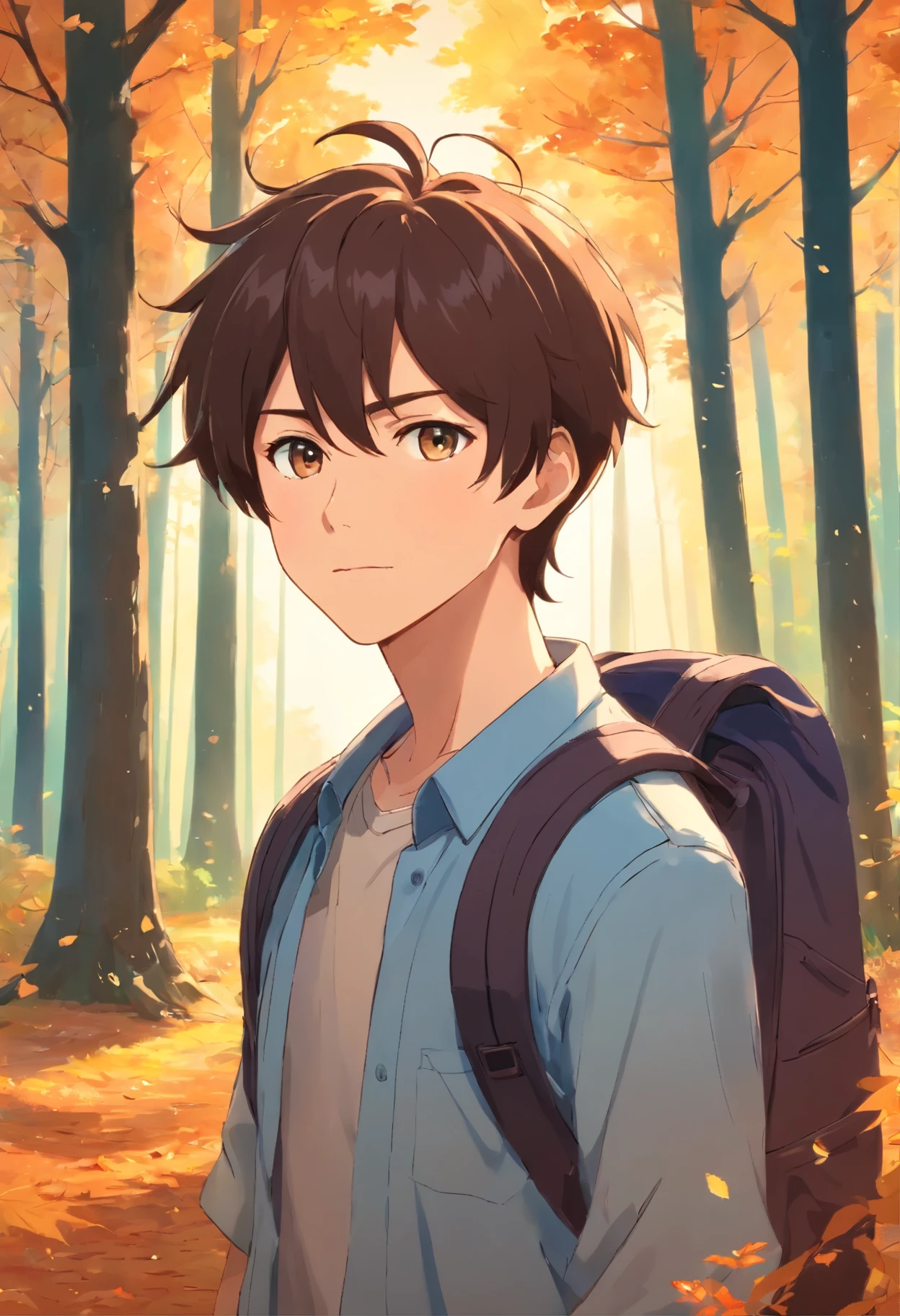 man with a backpack and standing in front of a tree, around 19 years old, 8k selfie photograph, headshot facing camera, professional facing camera, detailed unblurred face, in front of a forest background, facing camera pic, taken at golden hour, portrait mode photo, during autumn