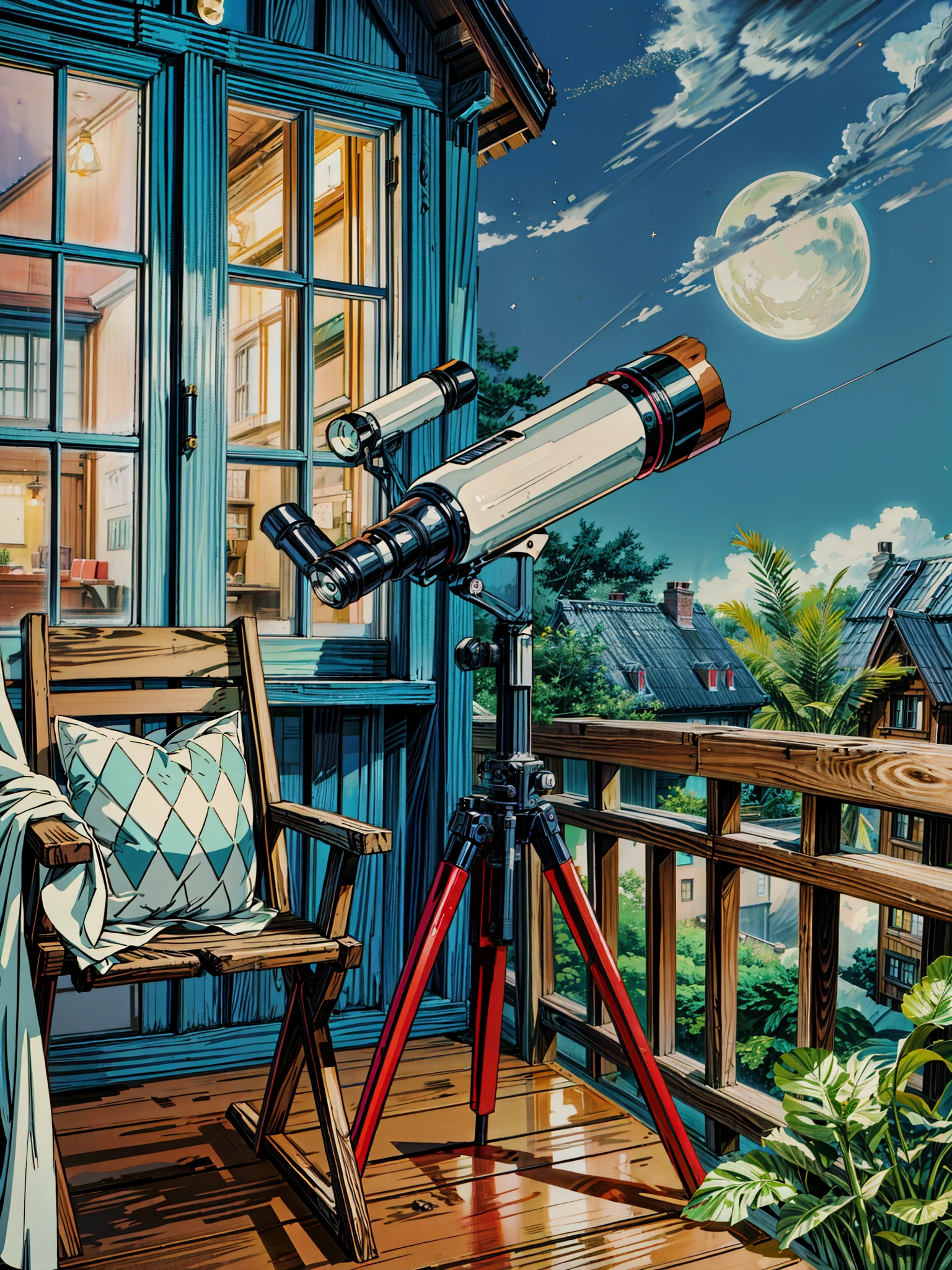 painting of a telescope sitting on top of a wooden bench, by Edward Okuń, nightime village background, telescope, night time with starry sky, outdoors at night, watching the stars at night, set in observatory at night, night starry sky full of cats, night sky background, night background, calm night. digital illustration, roof background, watching the stars , beautiful calm lofi vibe, monstera plant, hanging lights , 4k hd, cloud,big window,open balcony,book rack,beautiful art uhd 4 k, a beautiful artwork illustration, beautiful digital painting, highly detailed digital painting, beautiful digital artwork, detailed painting 4 k, very detailed digital painting, rich picturesque colors, gorgeous digital painting, no human, no people